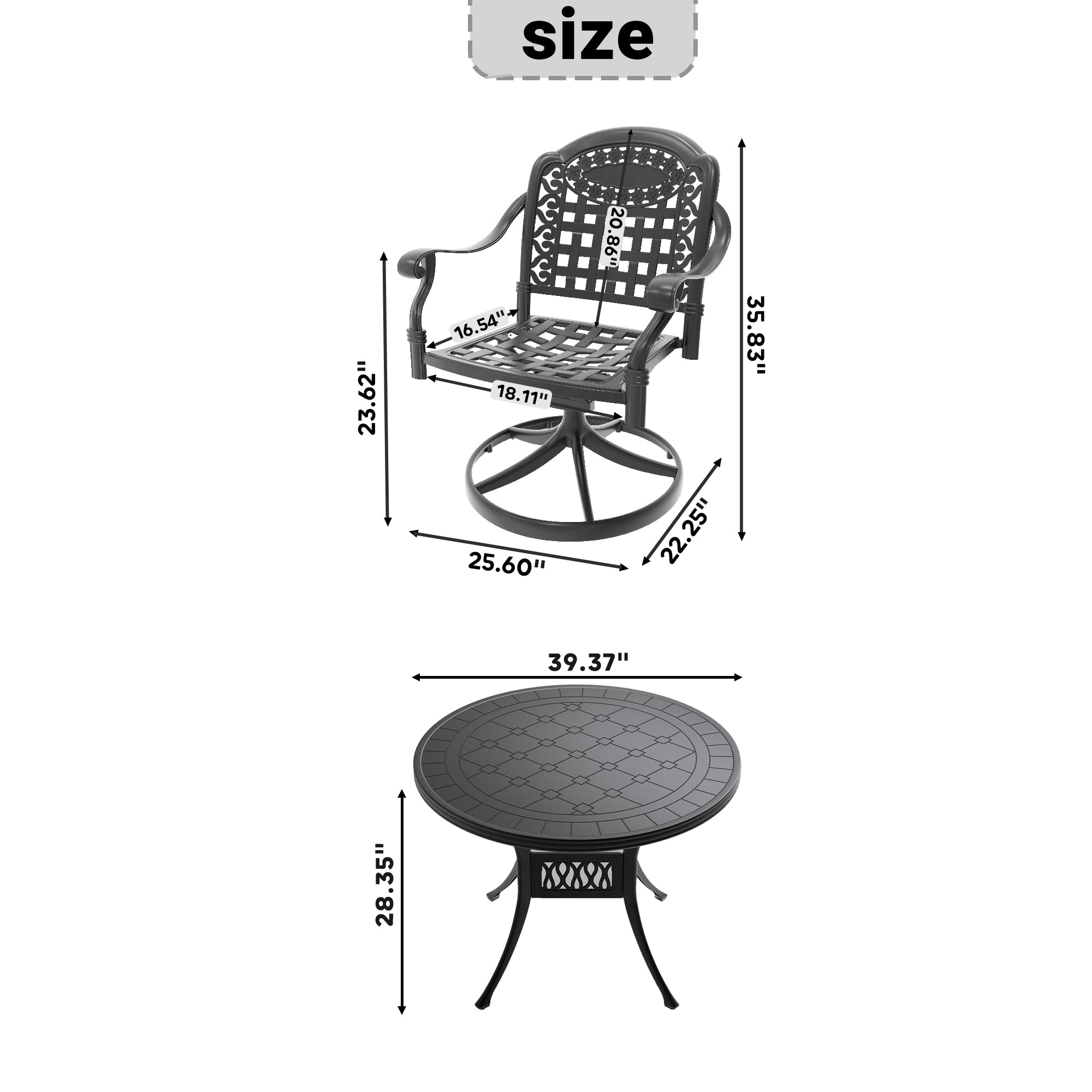 5-Piece All-Weather Cast Aluminum Dining Set, Include 4 Swivel Chairs and 39.37" Round Table With Black Frame (same sku: W1710S00438 )