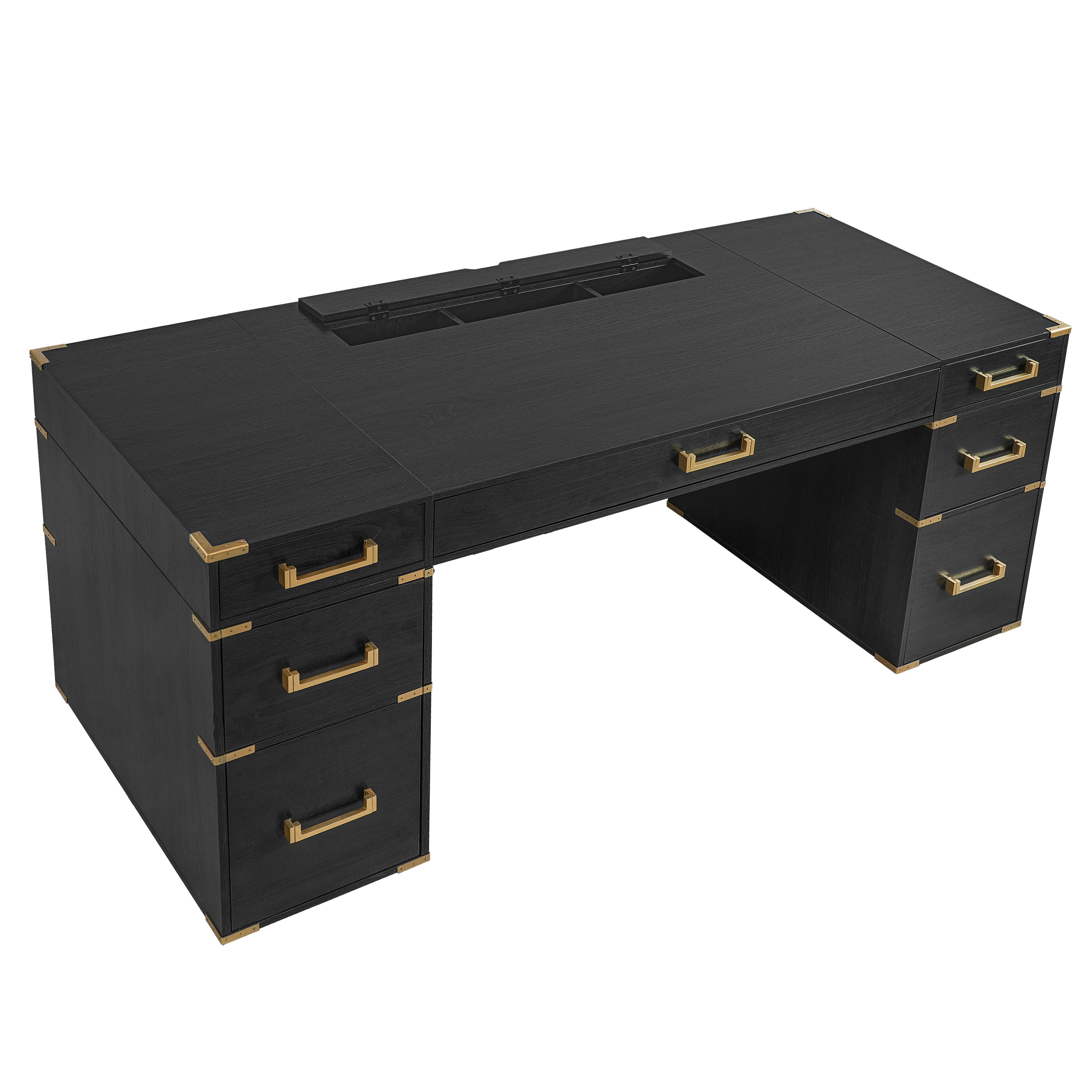 70" Extra-Large Classic and Traditional Executive Desk with Metal Edge Trim ,Writing Desk with 2 file drawers,USB Ports and Outlets,Desk with Hidden Compartment for Living Room,Home Office,Study Room,