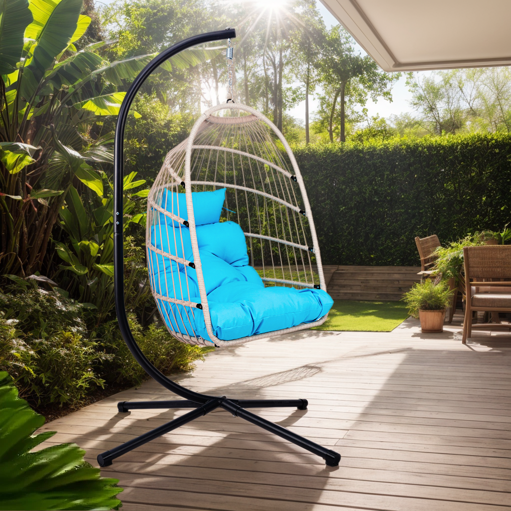 Foldable Hanging Egg Chair with Stand and Pillow, HDPE Rattan and Heavy Duty Aluminum-Steel Frame, Outdoor Patio Wicker Swing Egg Chair with Headrest and Cushioned, 350 Lbs Capacity (Blue)