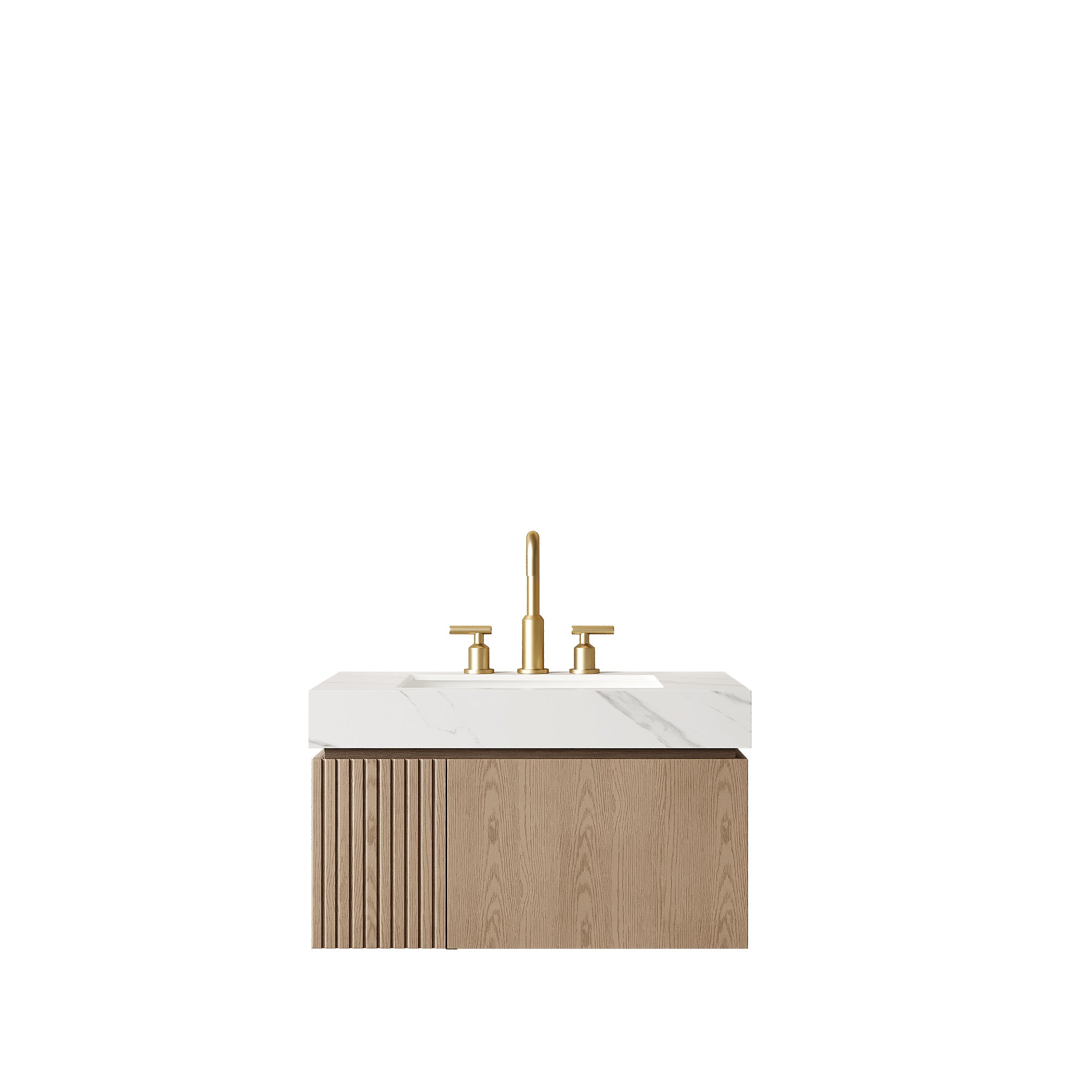 MURI 30" Bathroom Vanity&Sink, Floating Plywood Storage Cabinet with Drawer&Door, Carrara White Sintered Stone Top&Ceramic Basin with 3 Pre-drilled Faucet Holes, Pre-assembled, Heidelberg Woodgrain