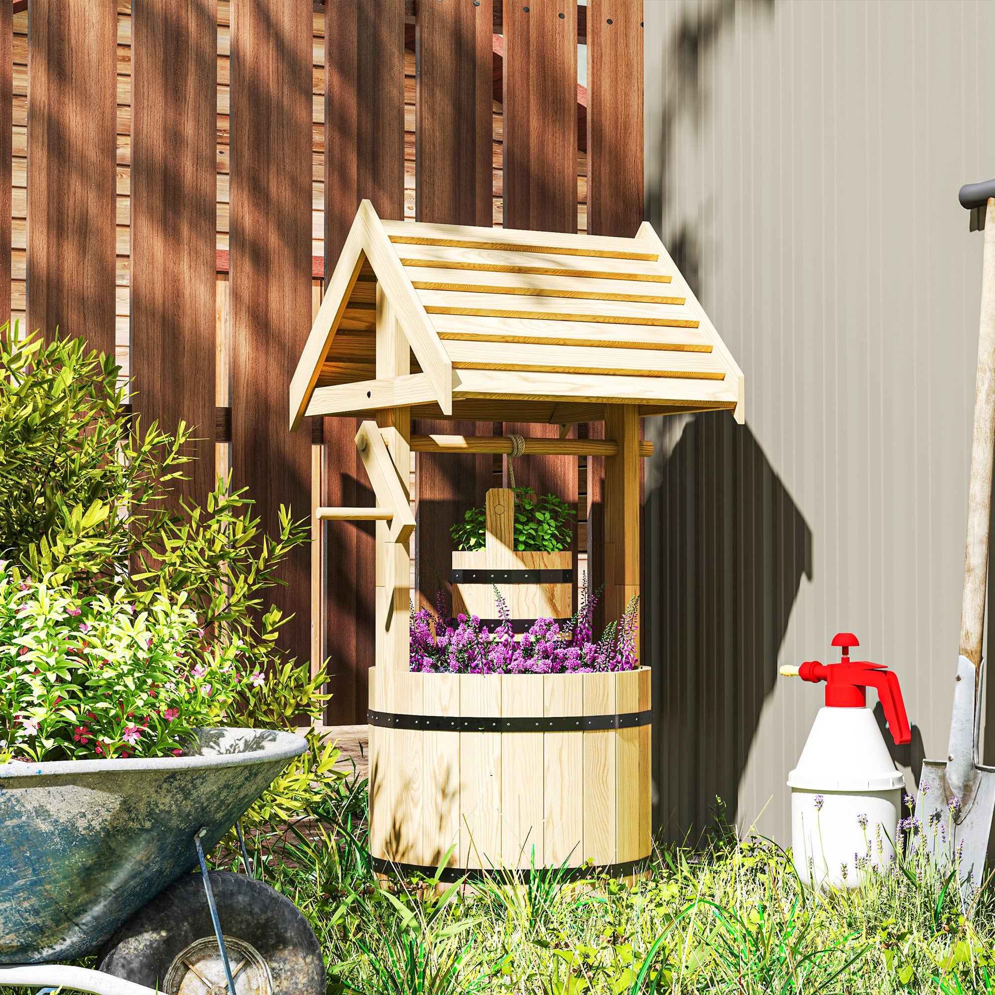 Outsunny Wood Wishing Well for Outside with Hanging Bucket, Wishing Well Planter with Drain Hole for Garden Patio, Natural