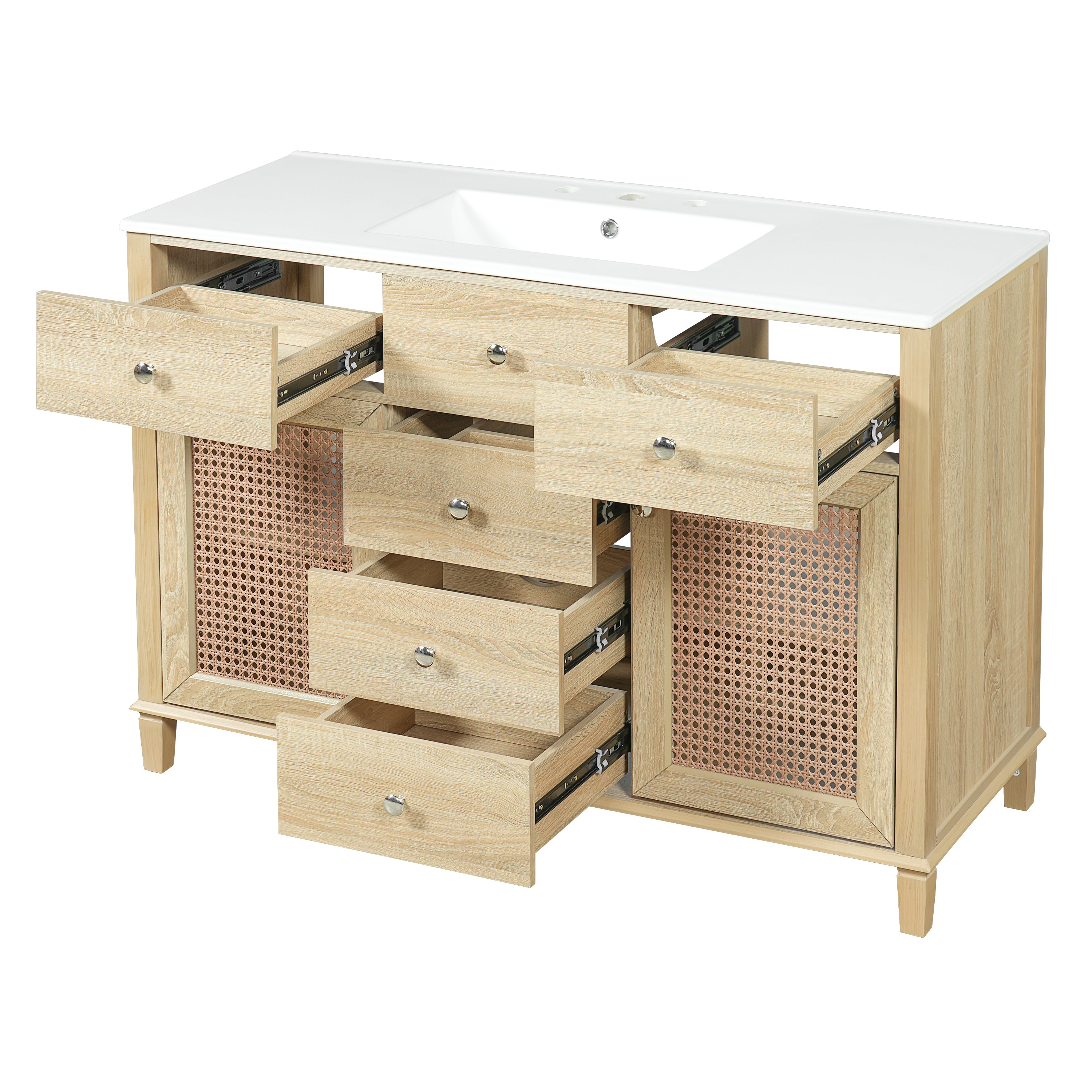 48-Inch Natural Rattan Bathroom Vanity: Solid Wood Frame, 5 Drawers, 2 Rattan Cabinet Doors & Premium Ceramic Sink