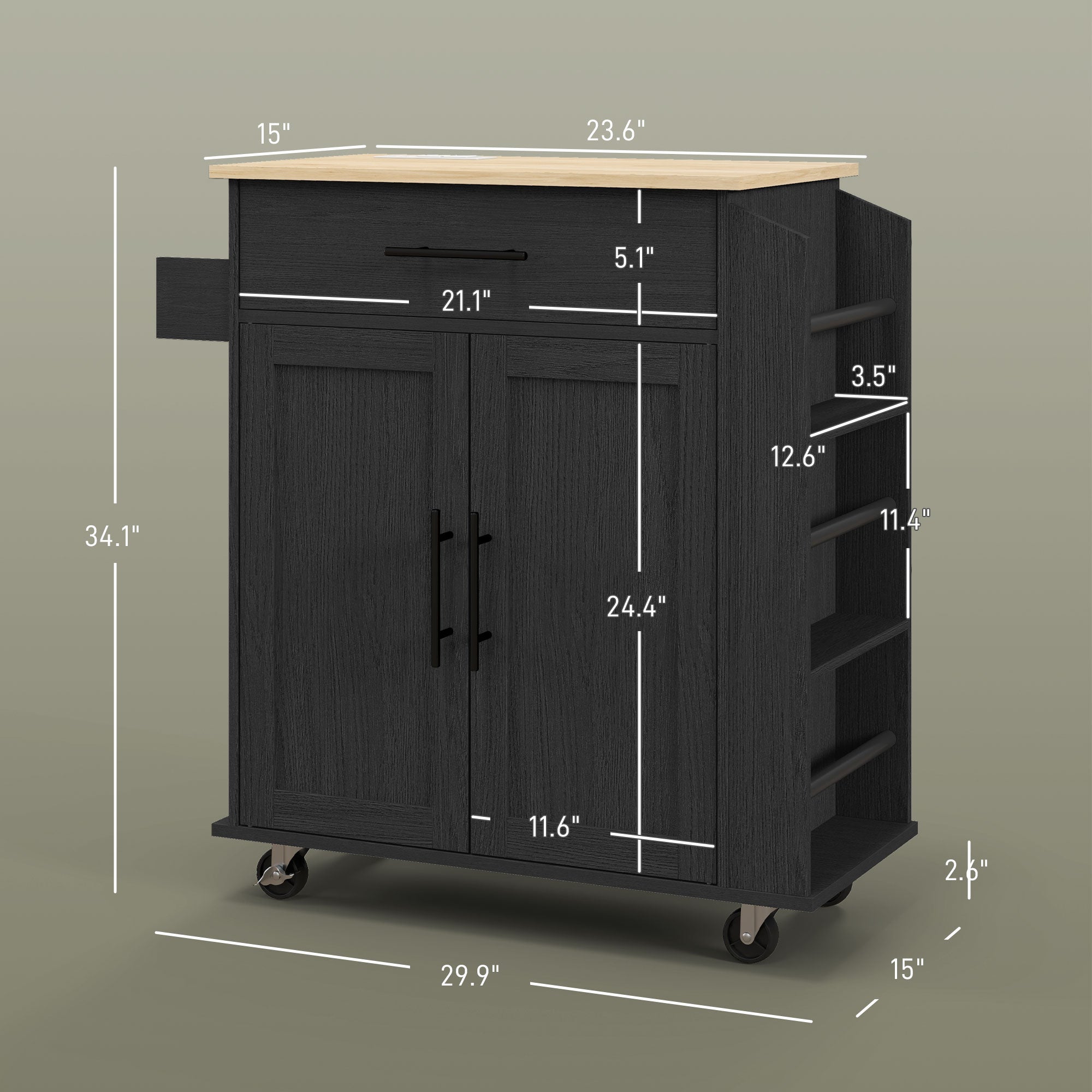 HOMCOM Rolling Island with Wheels for Kitchen, Kitchen Island on Rollers with Power Outlets, Drawer, and Doors, Black