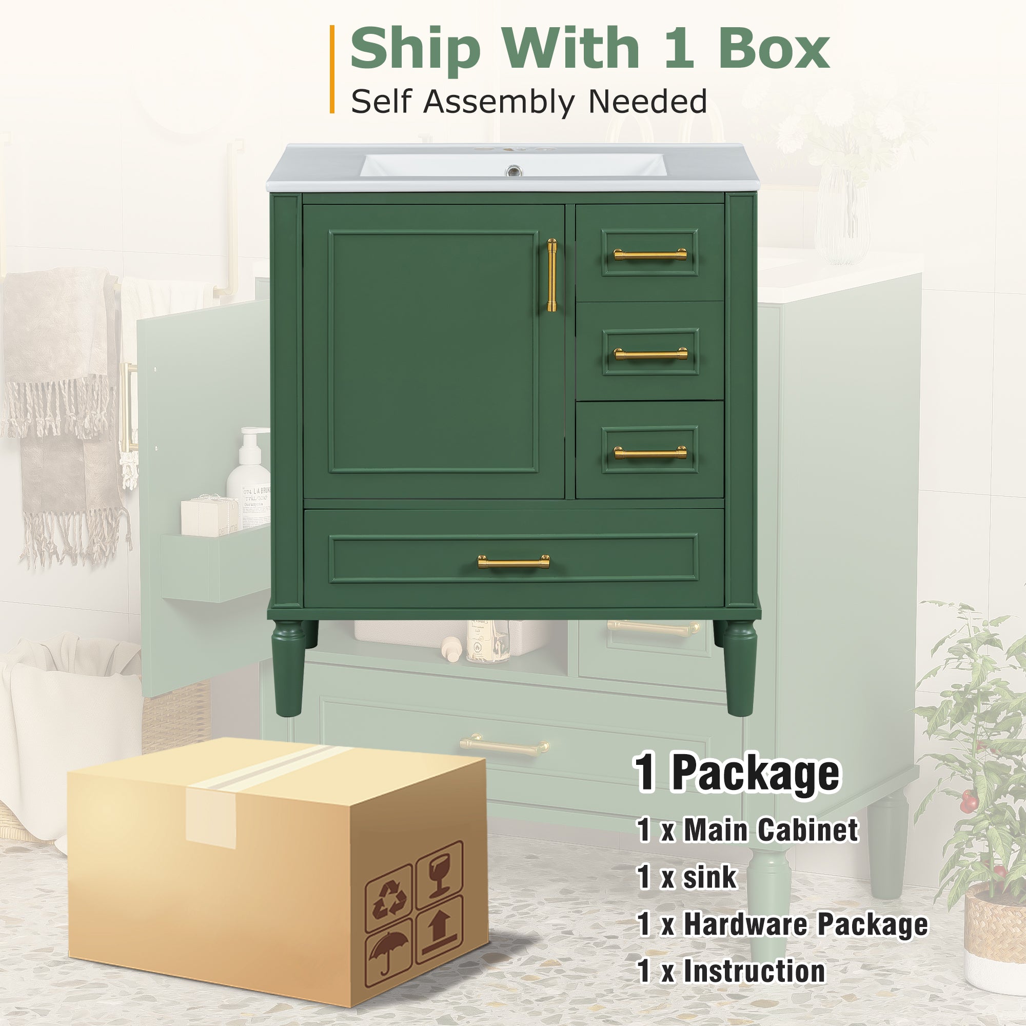 Traditional 30" Green Bathroom Vanity Set, Floor Standing, with Three Drawers, Soft Close Doors, with Long Gold Metal Handles - Perfect for Small Bathrooms