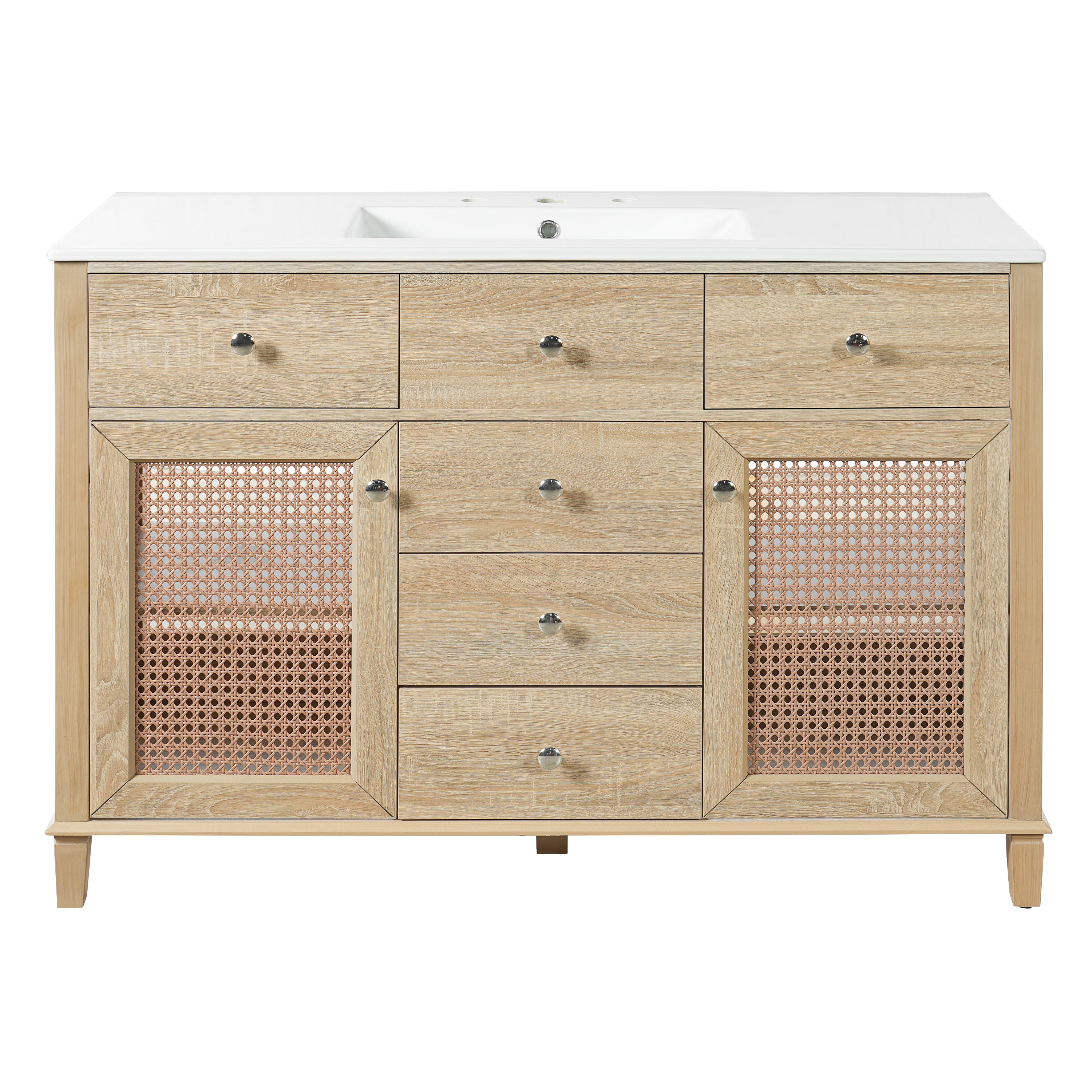 48-Inch Natural Rattan Bathroom Vanity: Solid Wood Frame, 5 Drawers, 2 Rattan Cabinet Doors & Premium Ceramic Sink
