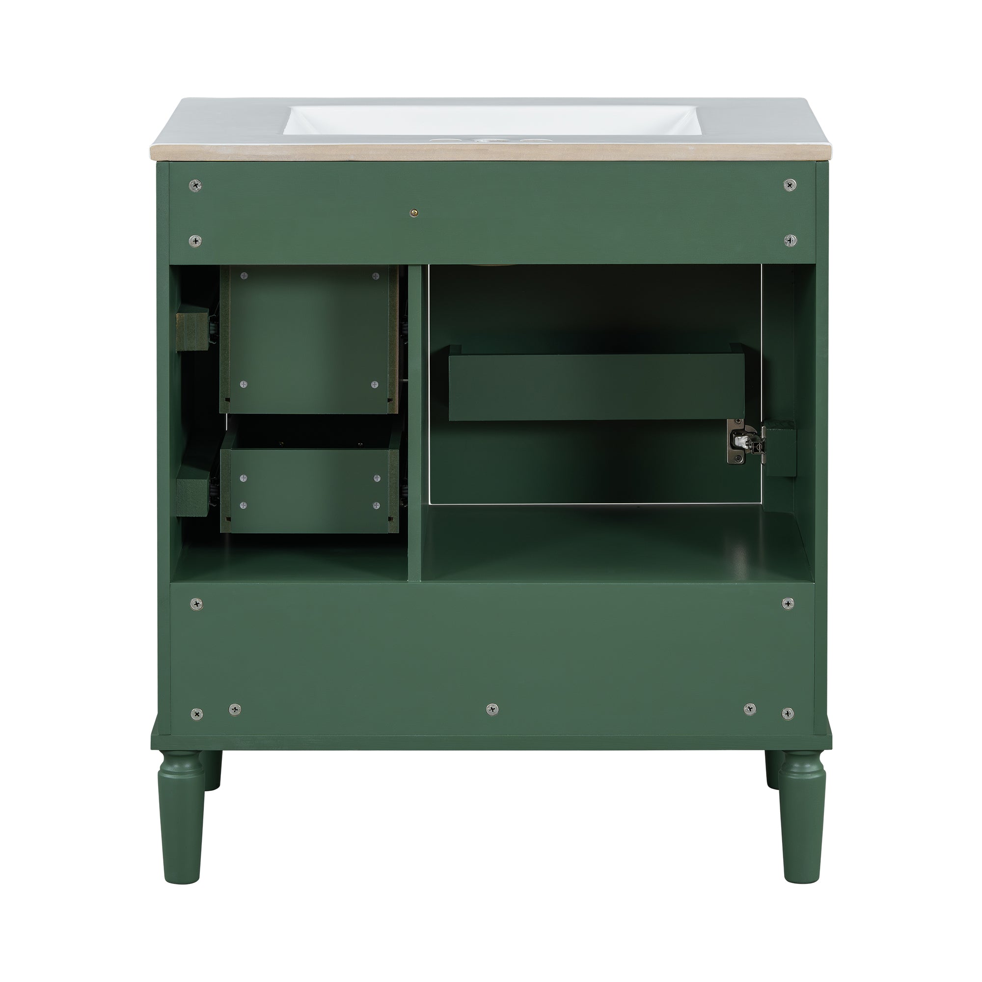 Traditional 30" Green Bathroom Vanity Set, Floor Standing, with Three Drawers, Soft Close Doors, with Long Gold Metal Handles - Perfect for Small Bathrooms