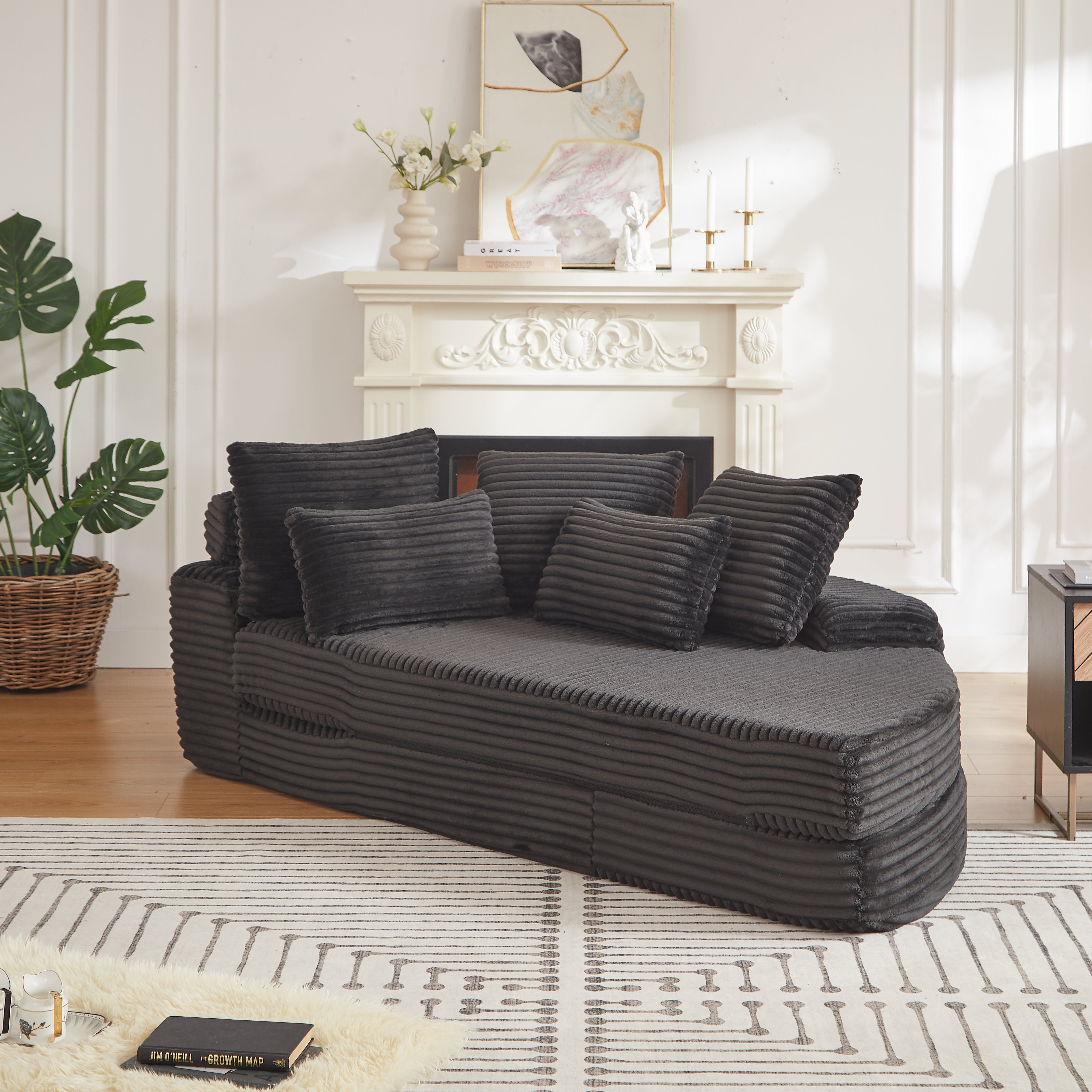 78.5-Inch Corduroy Semi-Circular 2-in-1 Sofa Bed, Designer Recliner with Neck Pillow and Five Throw Pillows in Living Room