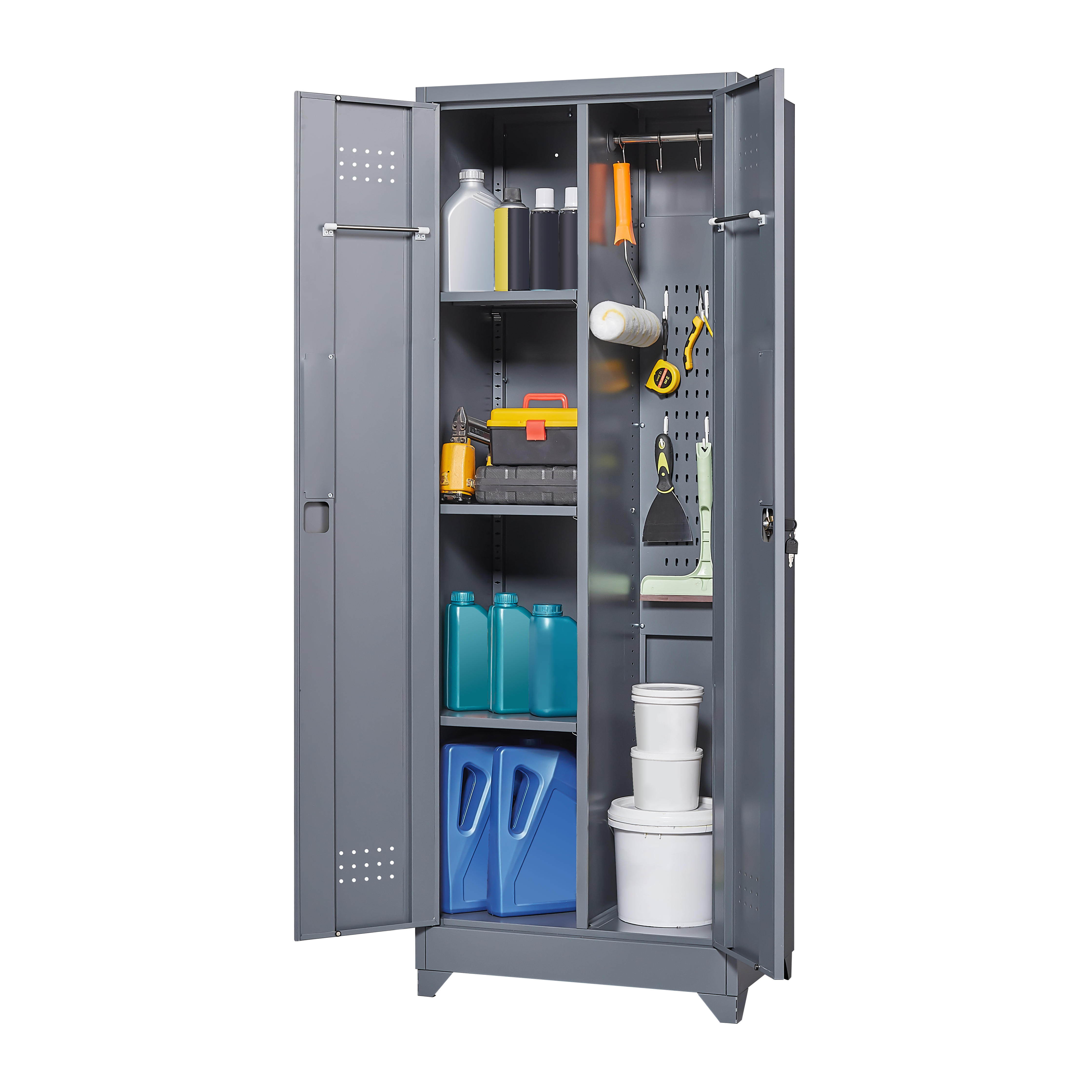 Broom Storage Cabinet With Locking Doors And Shelves, 65" H Metal Storage Cabinet With Hanging Rod & S-Hooks, Cleaning Tool Storage Cabinet Grey