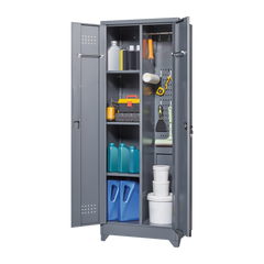 Broom Storage Cabinet With Locking Doors And Shelves, 65" H Metal Storage Cabinet With Hanging Rod & S-Hooks, Cleaning Tool Storage Cabinet Grey
