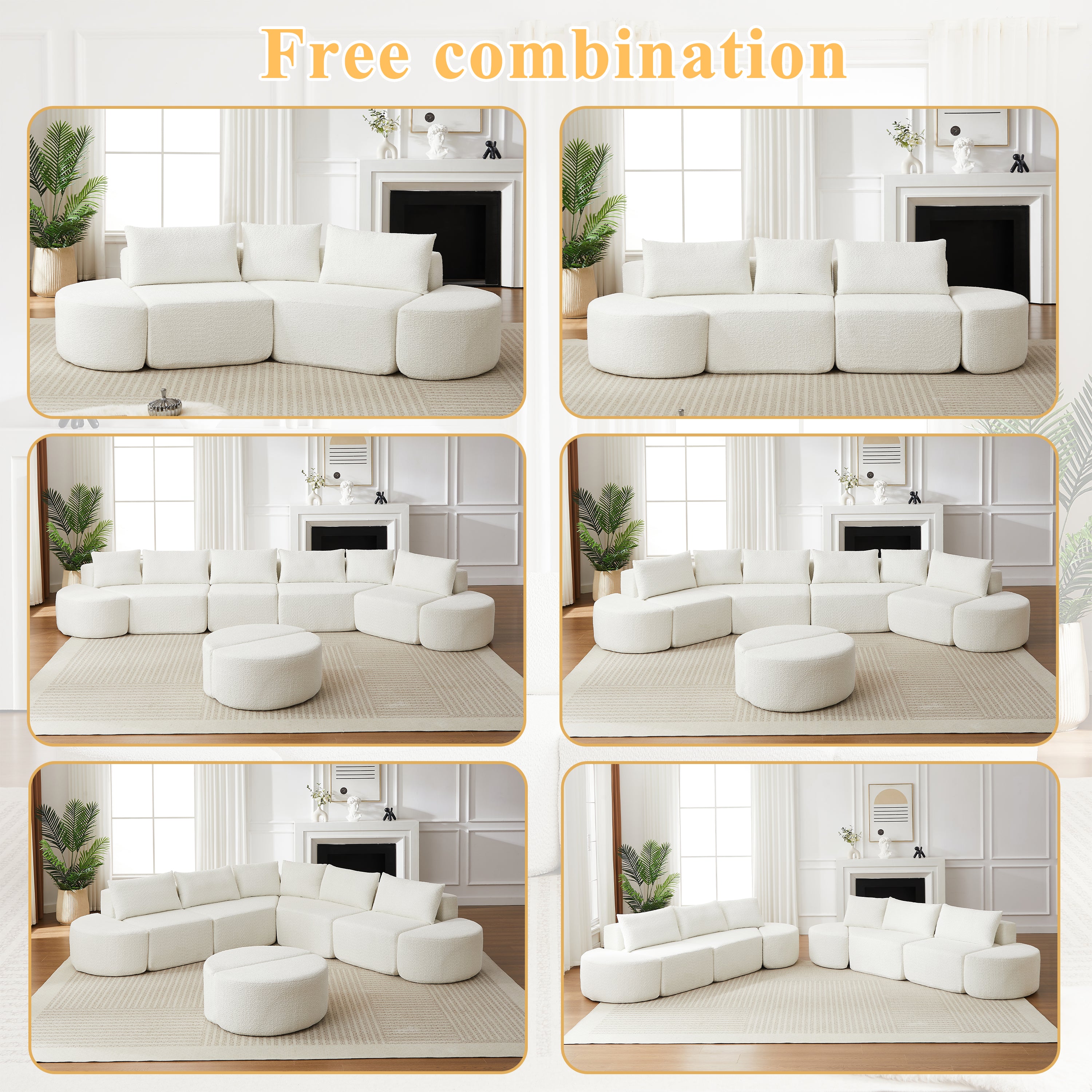 106.3-inch V-shaped modular sofa set in chenille fabric, featuring three throw pillows and two curved ottomans, perfectly suited for living rooms, bedrooms, and offices.beige