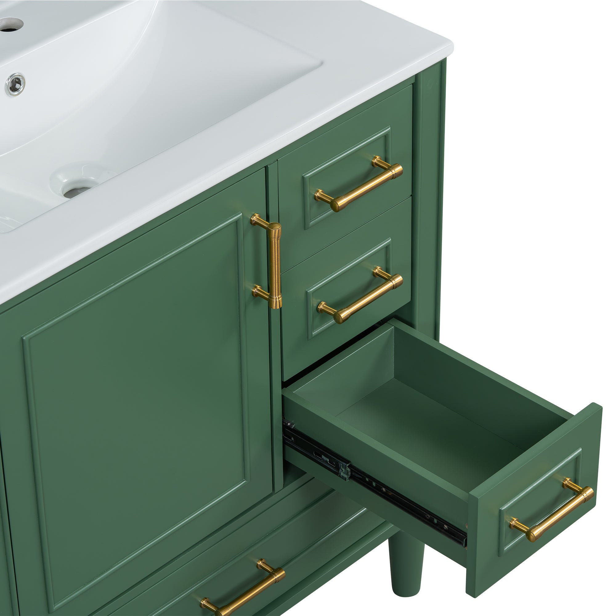 Traditional 30" Green Bathroom Vanity Set, Floor Standing, with Three Drawers, Soft Close Doors, with Long Gold Metal Handles - Perfect for Small Bathrooms