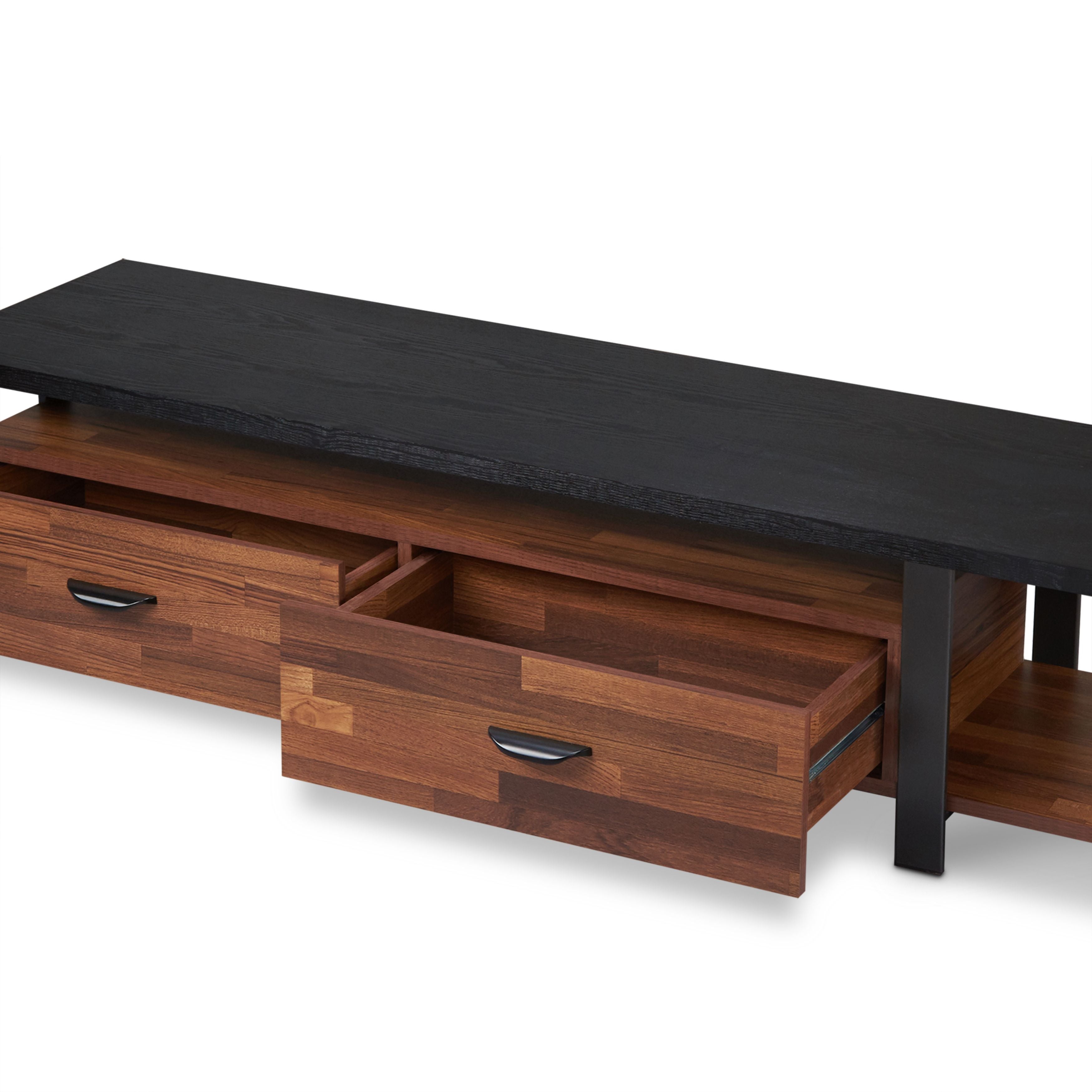 Walnut and Black 2-Drawer TV Stand with 1 Shelf