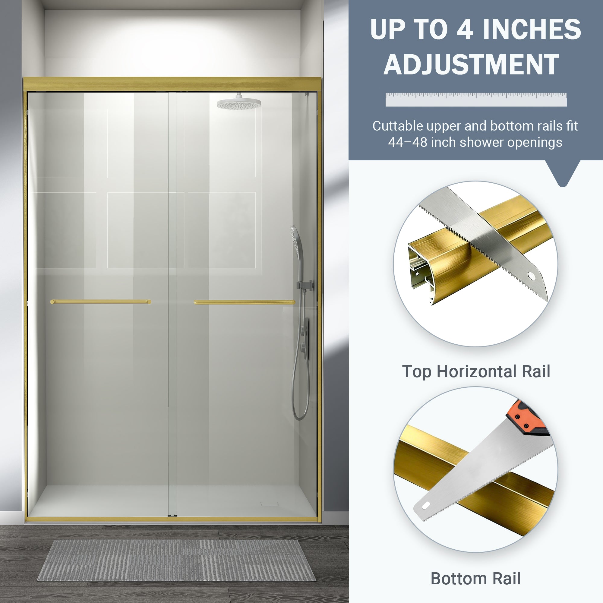 44" - 48" W x 72" H Double Sliding Shower Door, Semi-frameless Bathroom Sliding Door with 1/4" (6mm) Tempered Glass for Walk-in Shower, Brushed Gold GF-24D03-48BGX