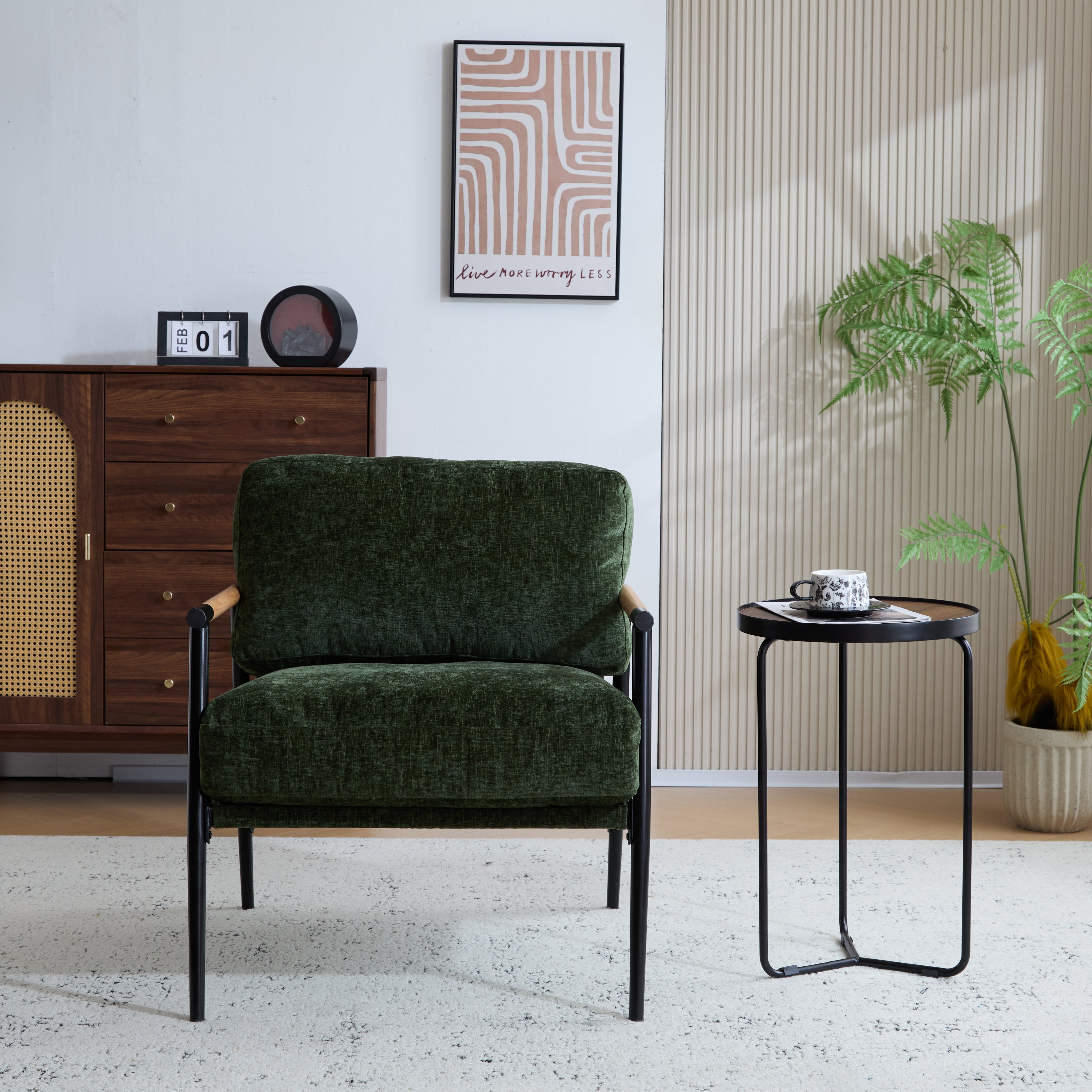 27.56" Modern Accent Chair with Plush Cushions, Minimalist Metal Frame, and Wooden Armrest Design – Perfect for Cozy Living Room, Bedroom, or Office Seating