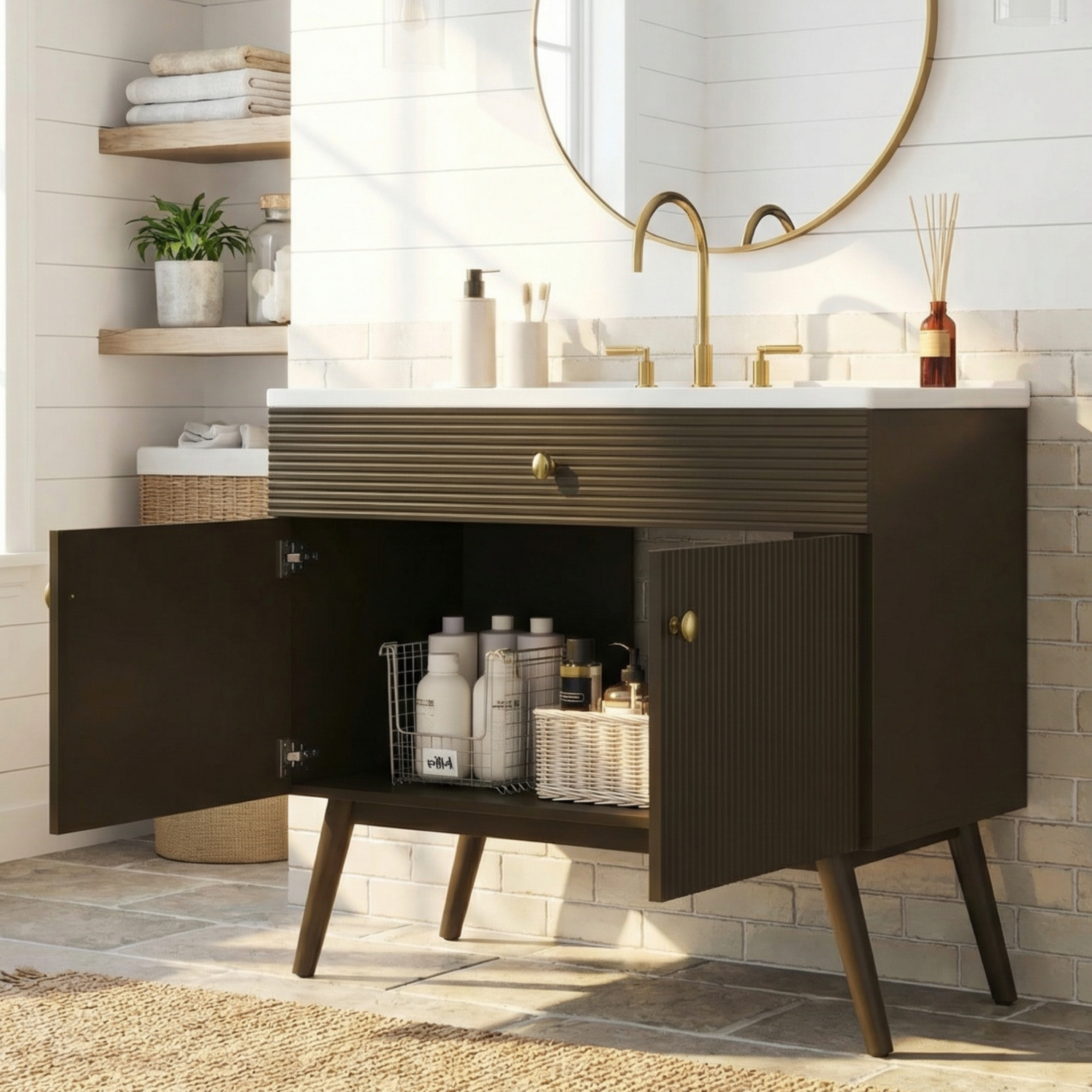 36" Luxury Striped Dark Brown Vanity: Soft-Close Dual-Door Storage & Premium Ceramic Sink