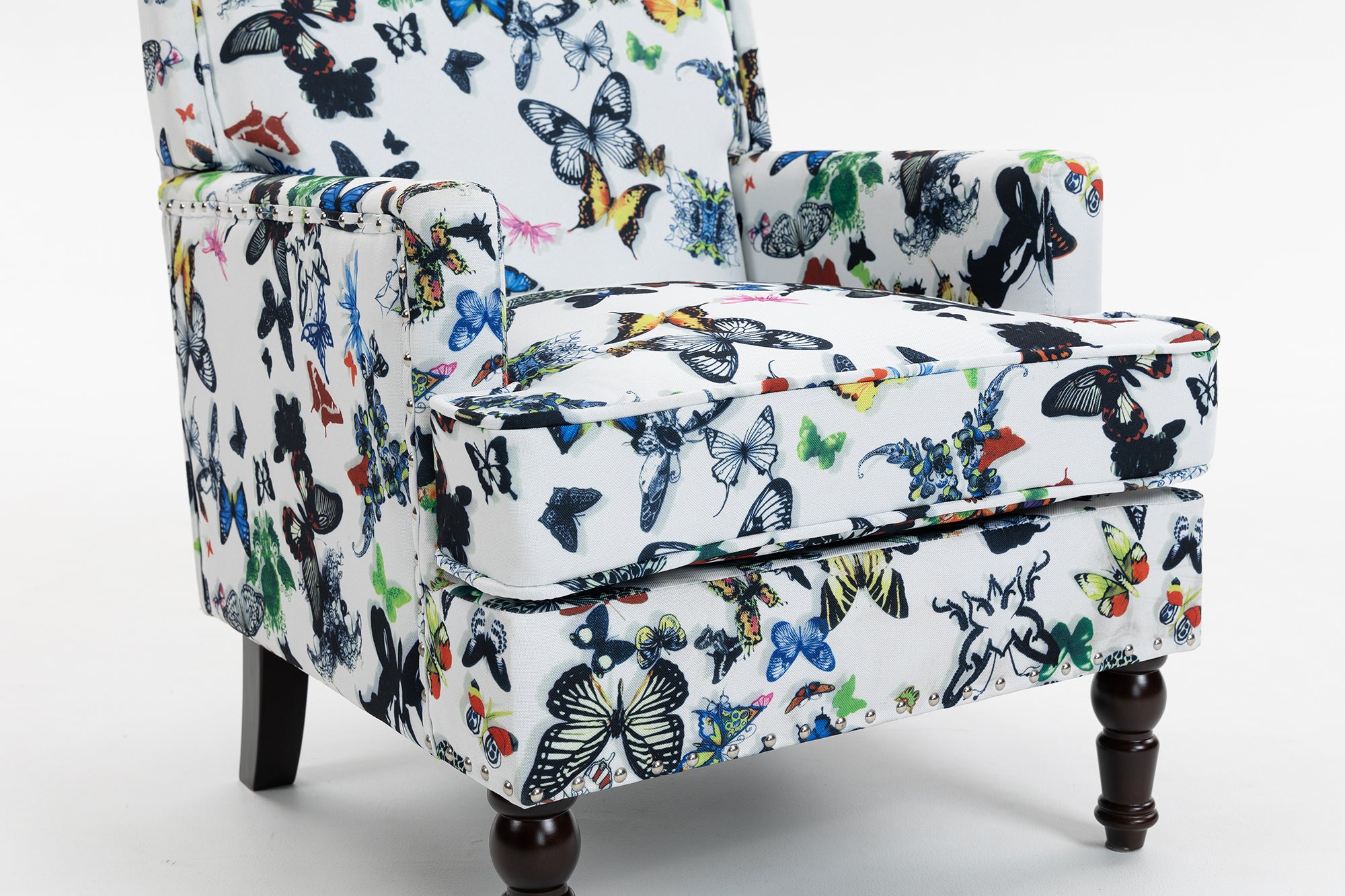 Upholstered Accent Chair, Vintage Armchair with butterfly  Linen Fabric and Nailhead Trim for Living Room