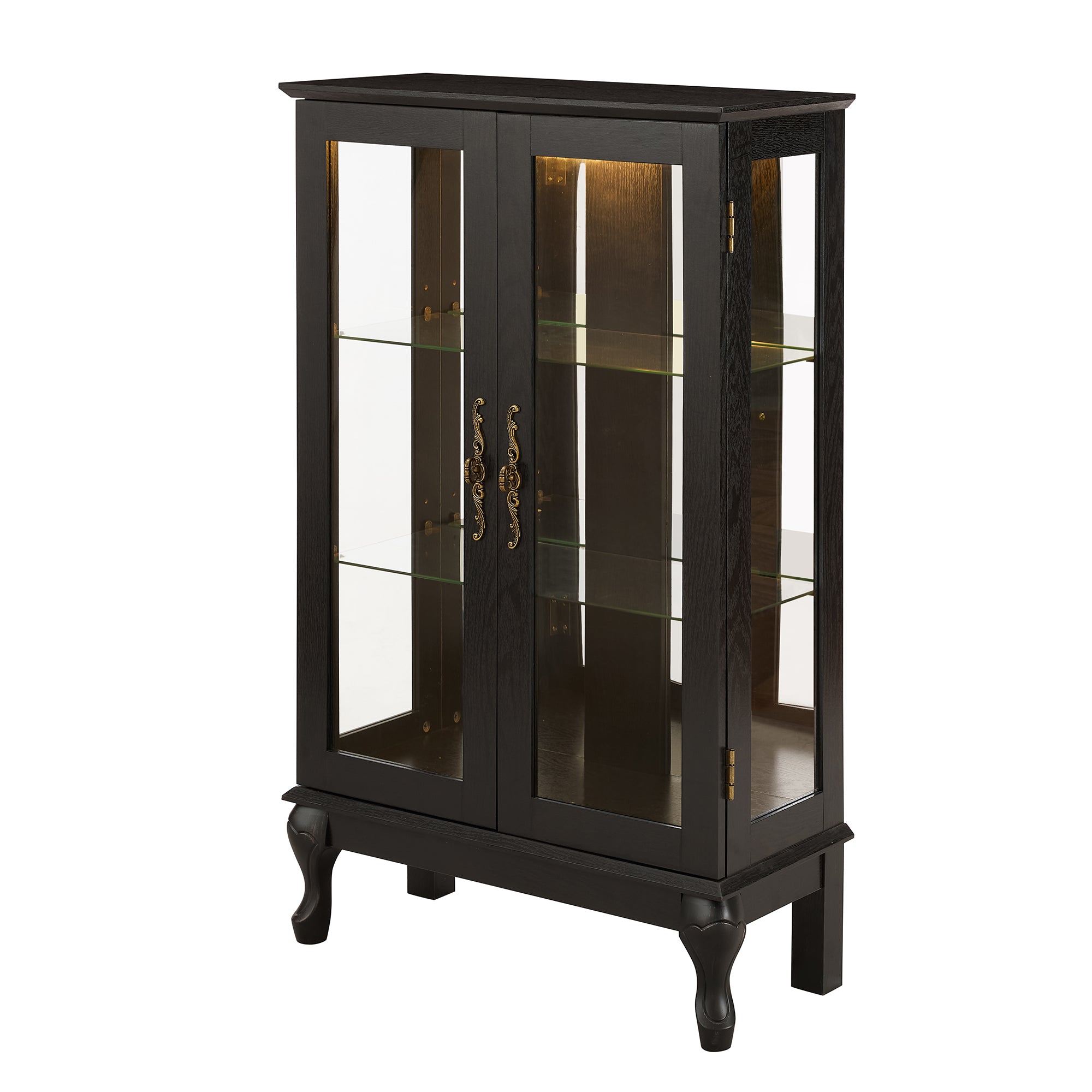 Curio Cabinet with Tempered Glass Doors, Lighted Display Cabinet with Mirrored Back Panel & Adjustable Shelves Perfect for Home or Office (Light Bulb Included)- Black