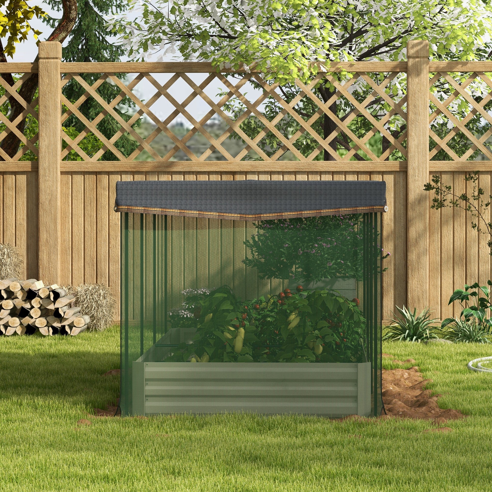 Outsunny Galvanized Steel Planter Box with Crop Cage and Shade Cloth, Raised Garden Bed for Flowers, Veggies and Herbs, Beige