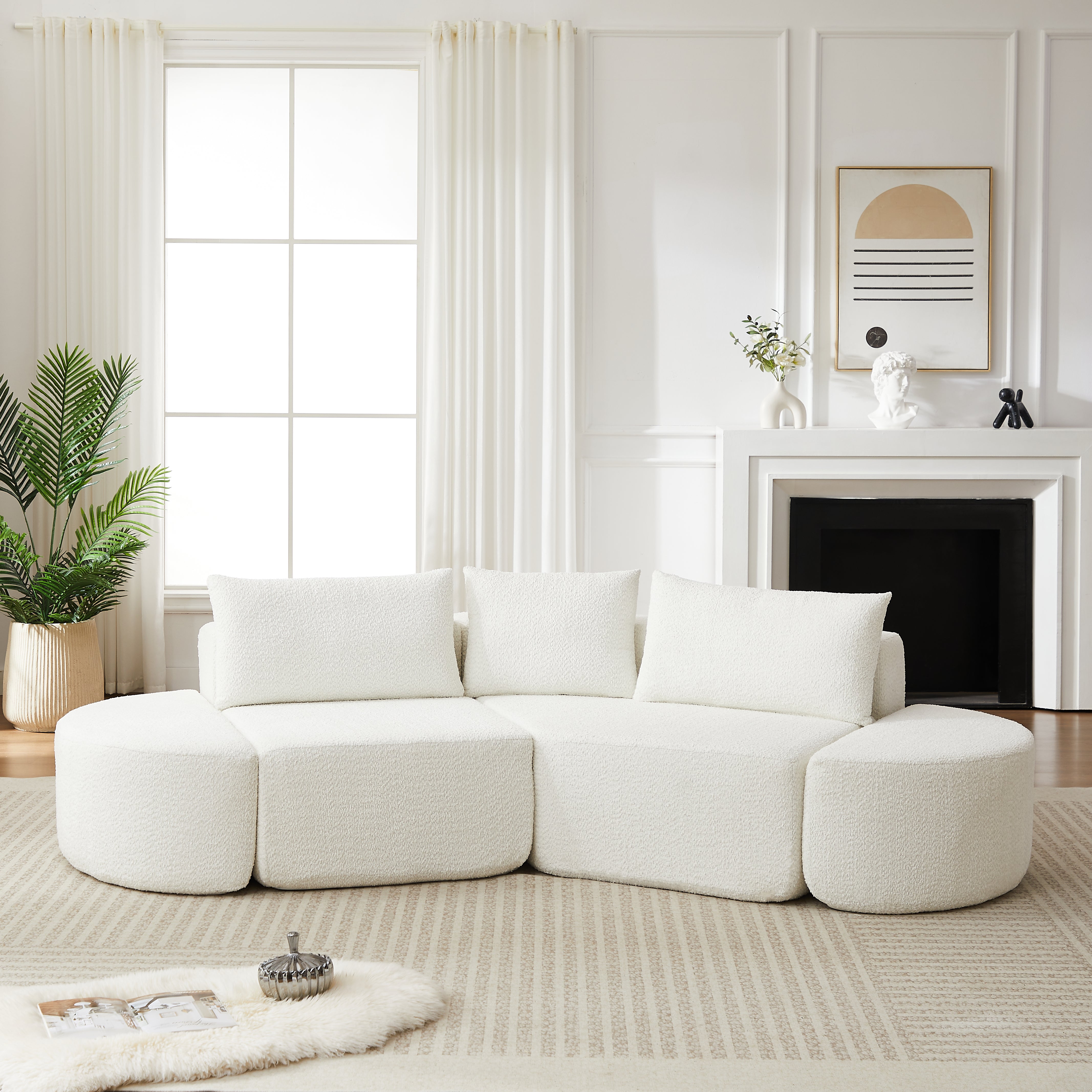 106.3-inch V-shaped modular sofa set in chenille fabric, featuring three throw pillows and two curved ottomans, perfectly suited for living rooms, bedrooms, and offices.beige