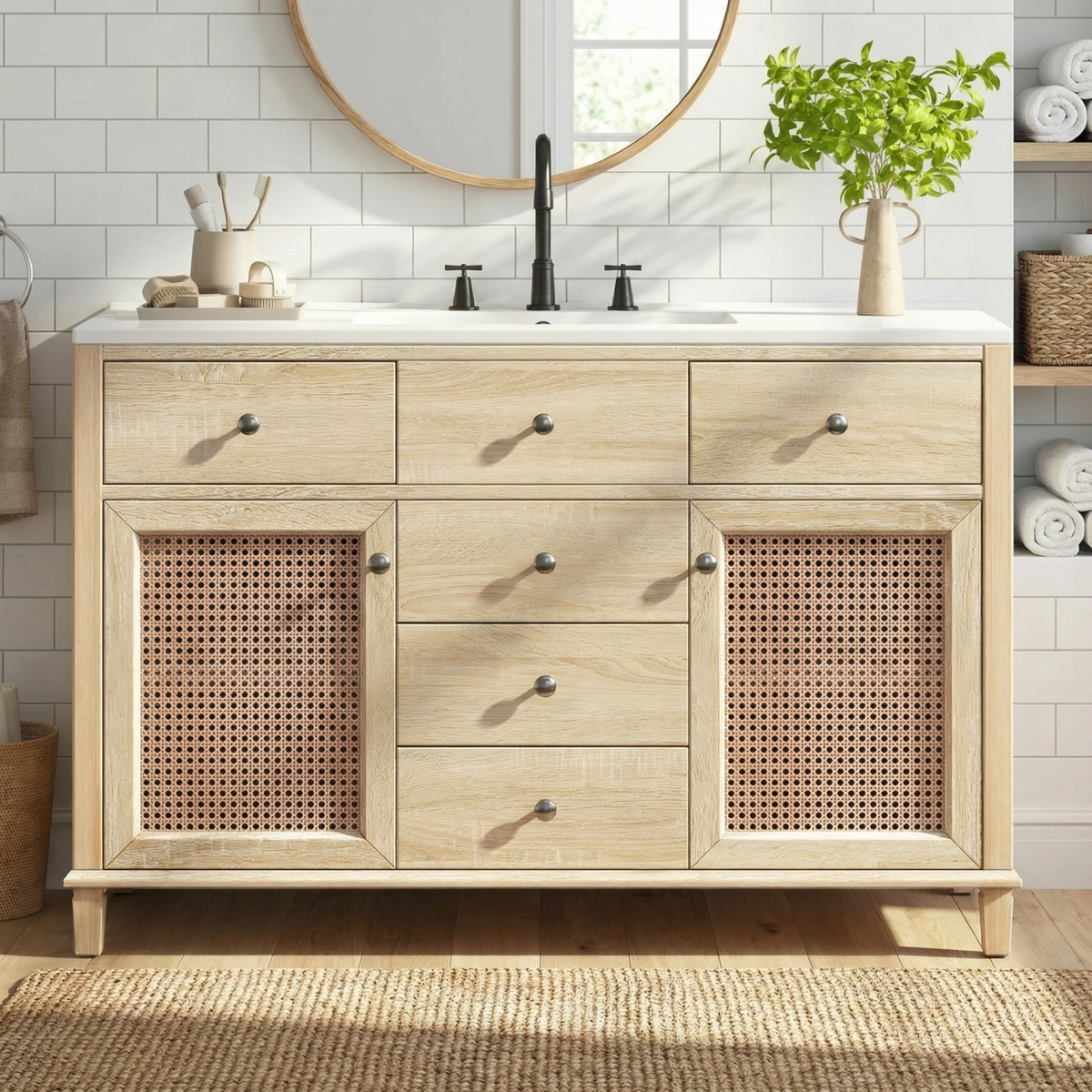 48-Inch Natural Rattan Bathroom Vanity: Solid Wood Frame, 5 Drawers, 2 Rattan Cabinet Doors & Premium Ceramic Sink