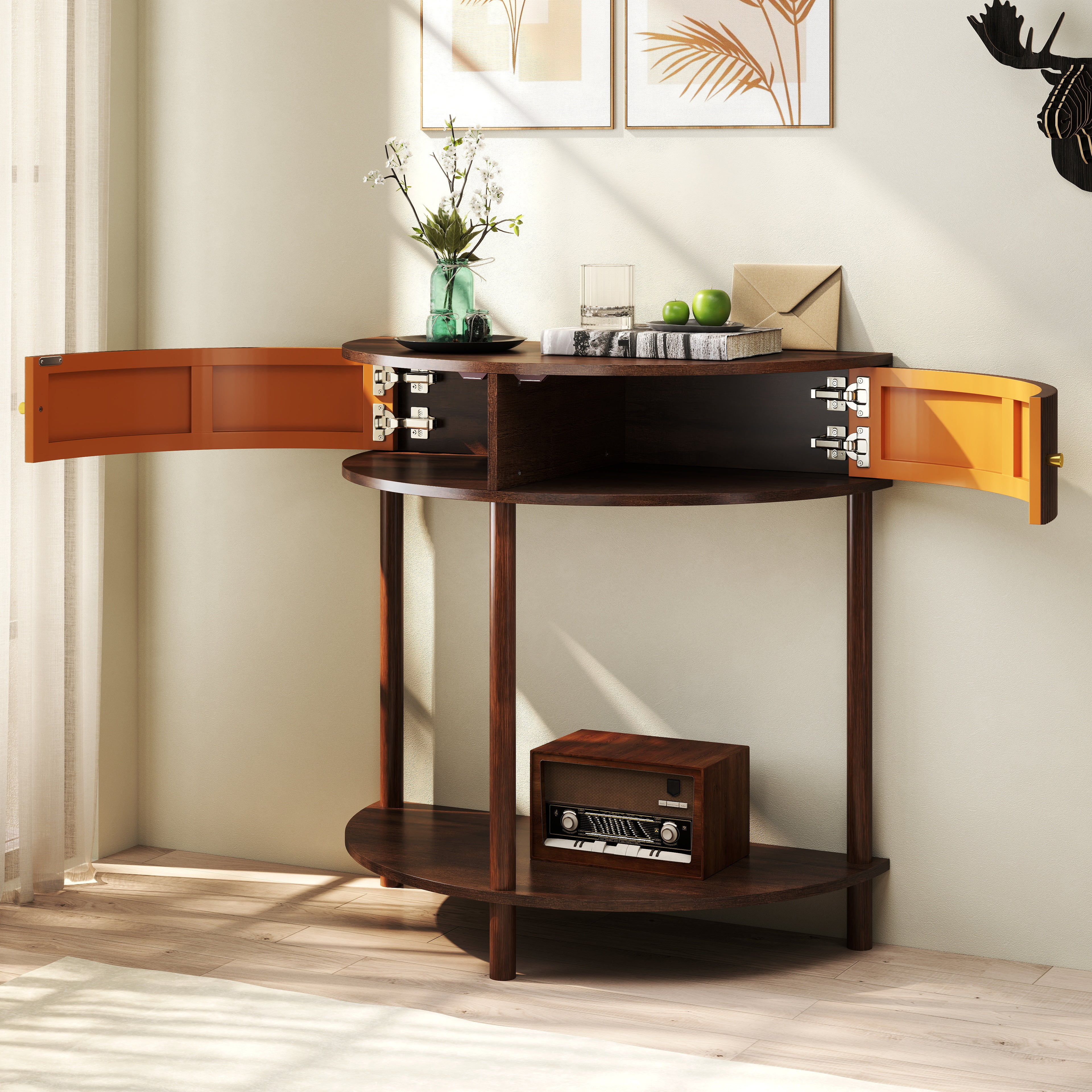 Artisan-Crafted Wave-Pattern Demi-Lune Console Table with Brown Woodgrain,Unique Half Moon Design End Table with 2 Storage Drawers and Bottom Shelf for Living room, Bedroom, Study, Hallway