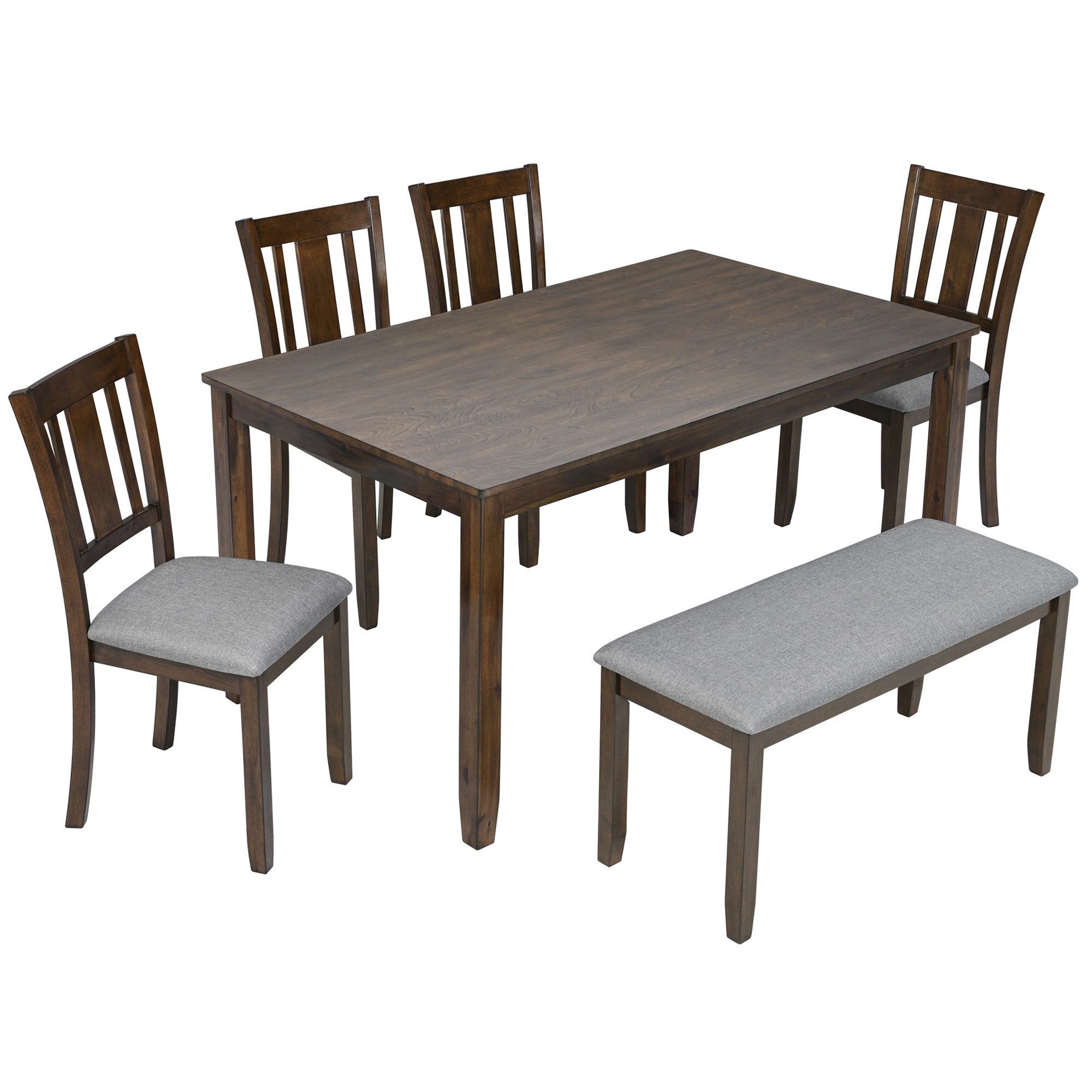6-Piece Wooden Dining Table Set (Table + 4 Chairs + Bench, Walnut)