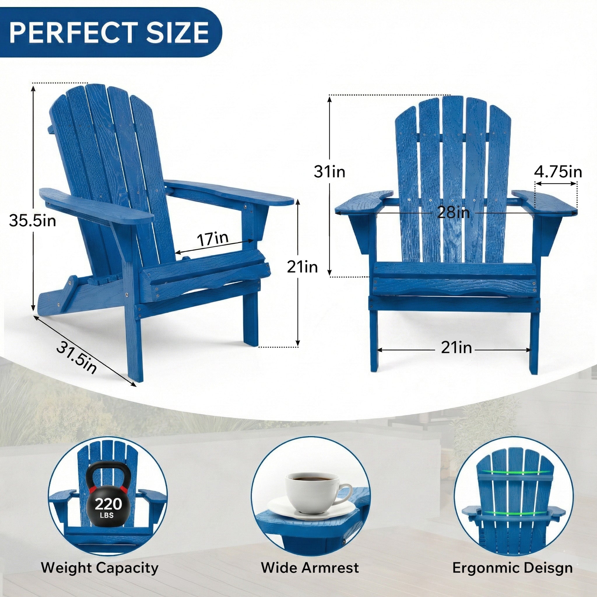 Embossed Wooden Outdoor Folding Adirondack Chair with Pre-Assembled BackRest & SeatBoard,Wood Patio Chair for Garden Backyard Porch Pool Deck Firepit with Wood Grain