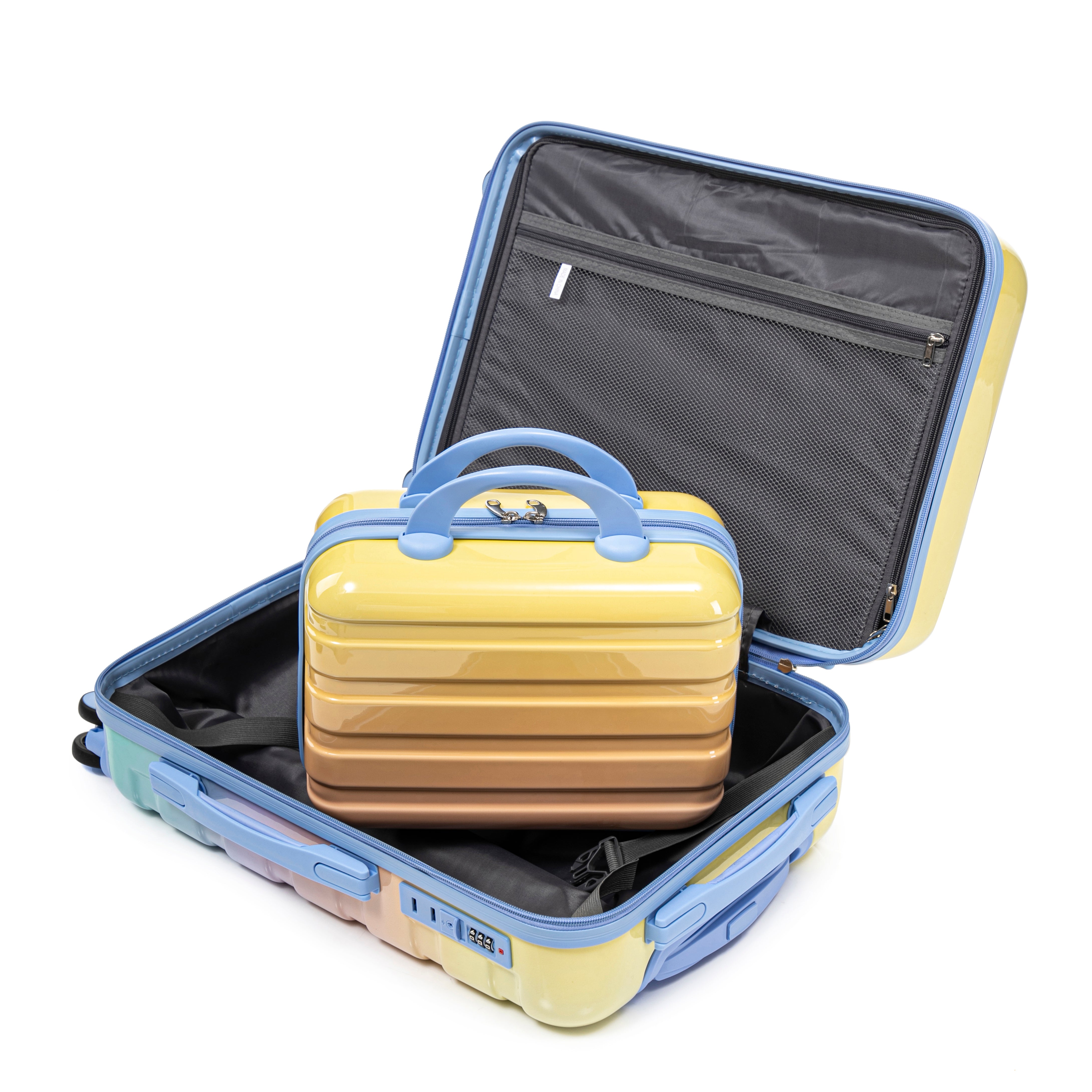 20" Carry-On Suitcase + 14" Cosmetic Case Set (PC Hard Shell, Gradient Blue/Yellow)