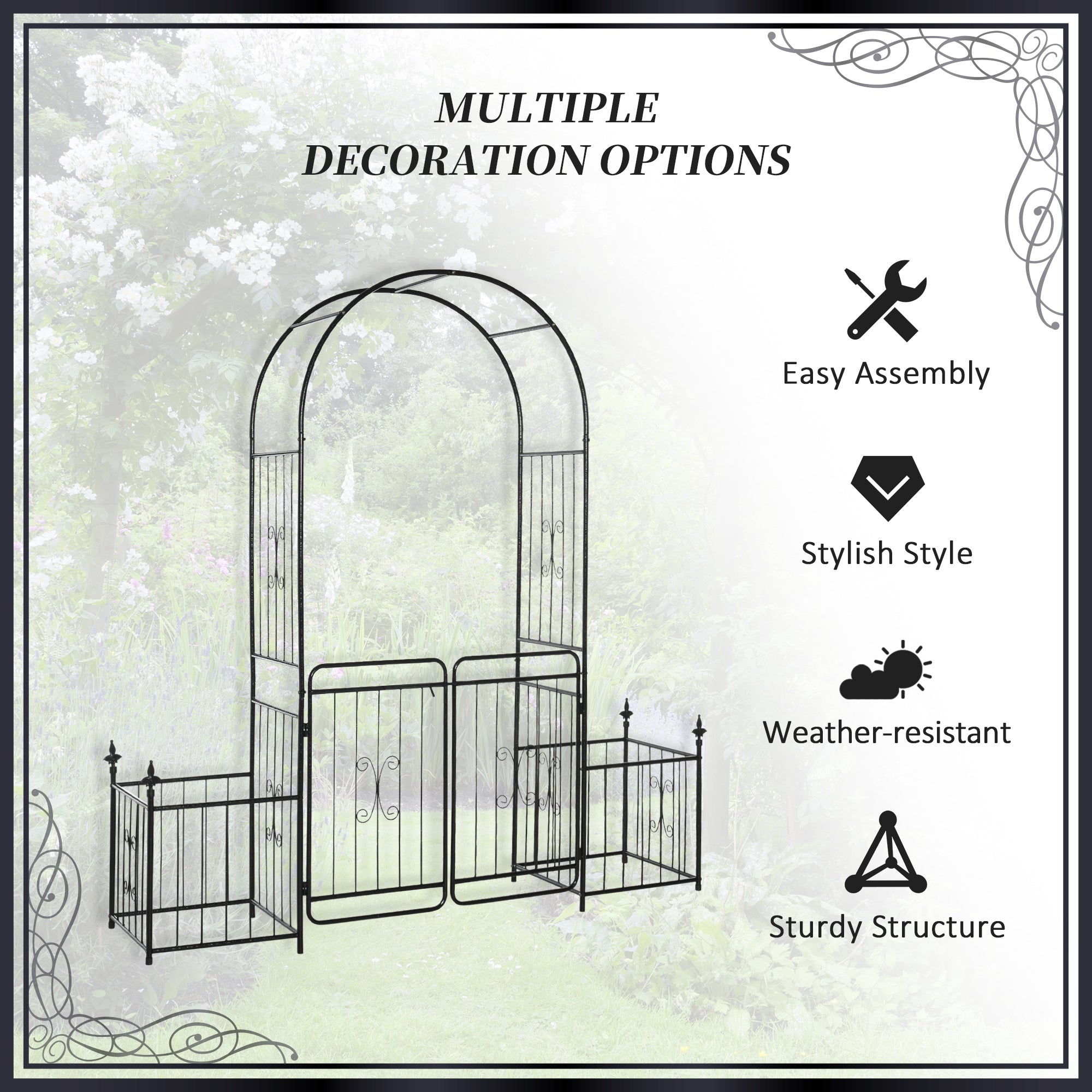 Outsunny 86" Garden Arch Arbor, Metal Arch Trellis with Gate and Planter Baskets, Garden Archway for Climbing Vines, Wedding Ceremony Decoration, Flourishes & Arrow Tips, Black