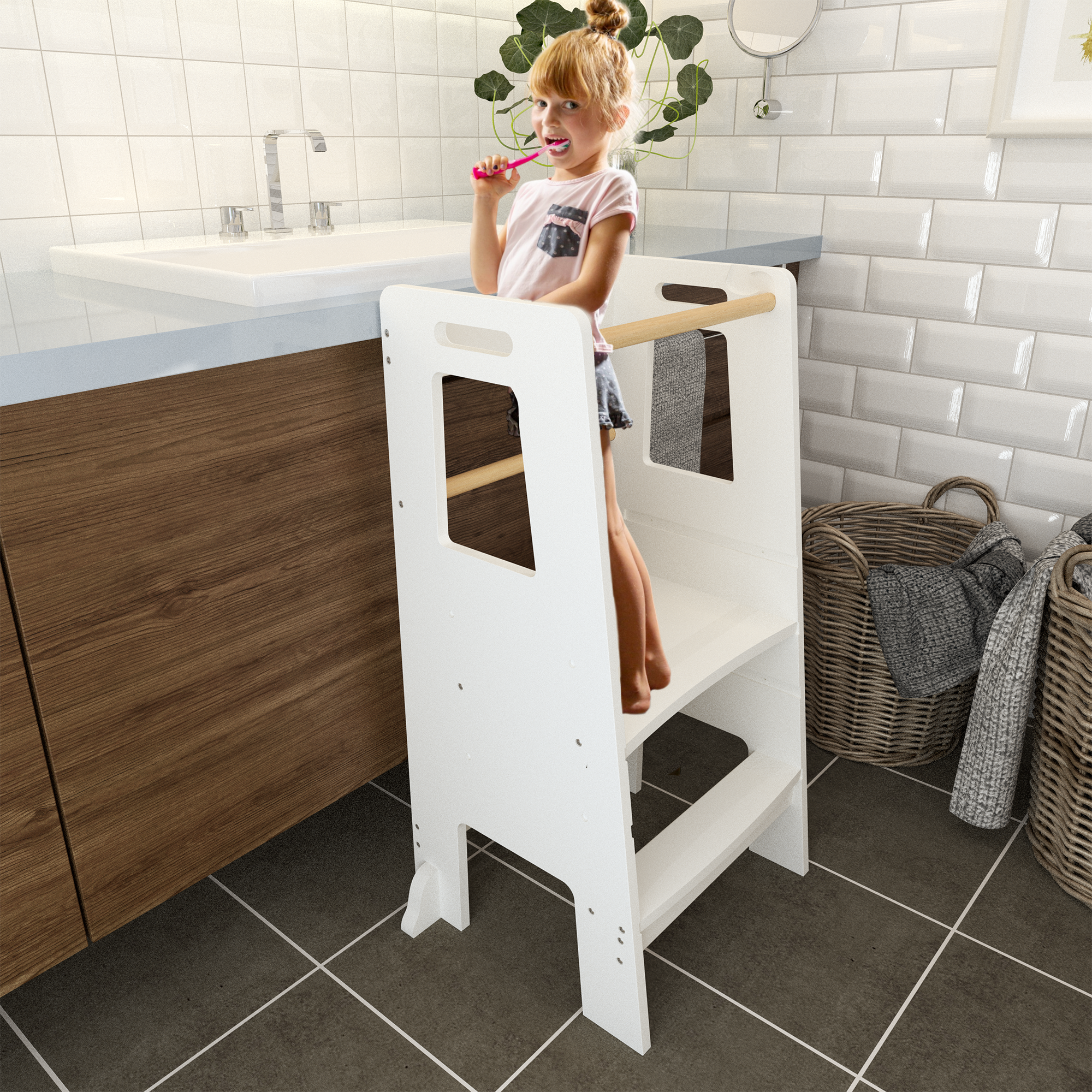 Kids Standing Tower, Child Kitchen Step Stool Toddler Wood Stepping Stool - Children's Montessori Stool - Adjustable Height, Ideal Kids Kitchen Step Stool for Learning New Skills, White