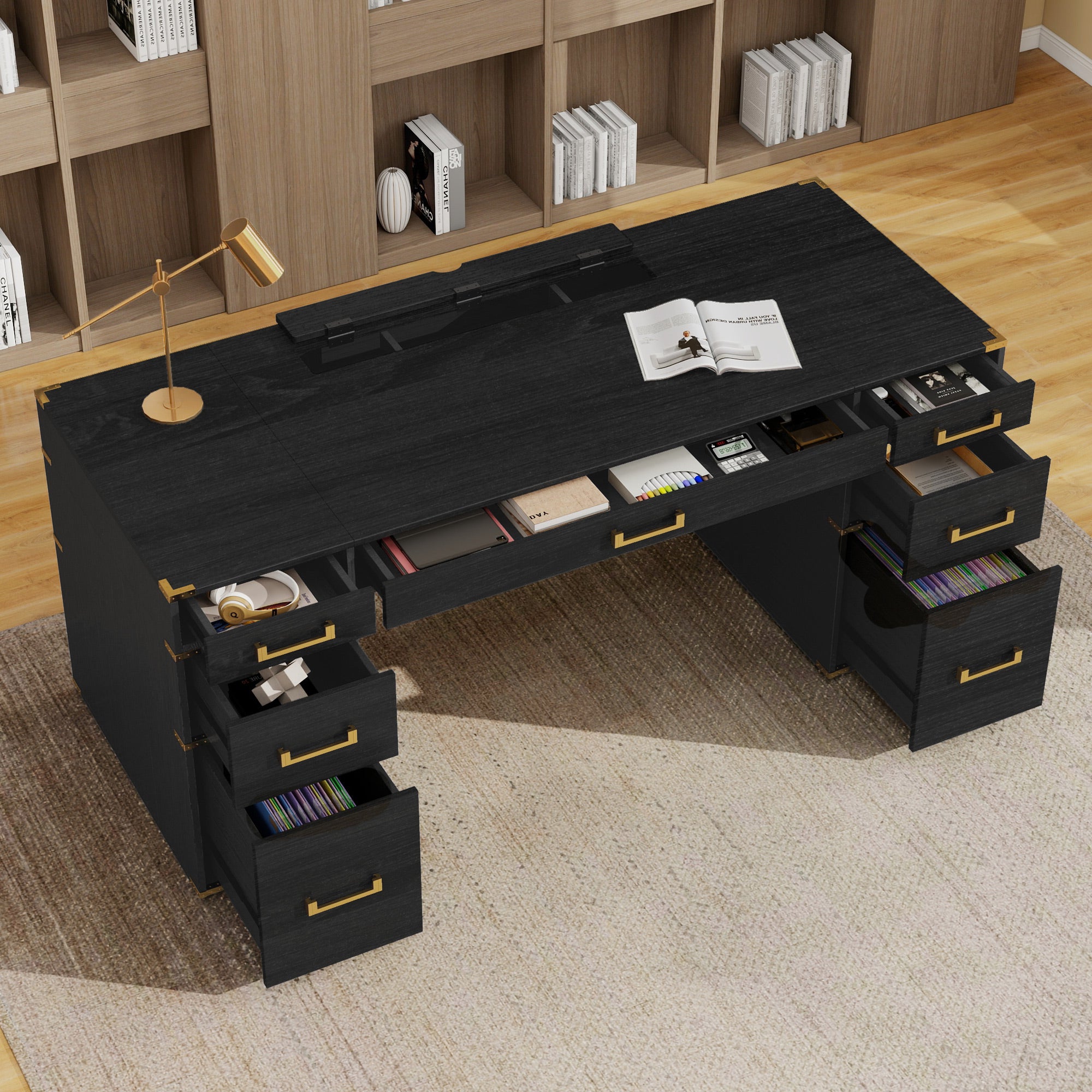 70" Extra-Large Classic and Traditional Executive Desk with Metal Edge Trim ,Writing Desk with 2 file drawers,USB Ports and Outlets,Desk with Hidden Compartment for Living Room,Home Office,Study Room,
