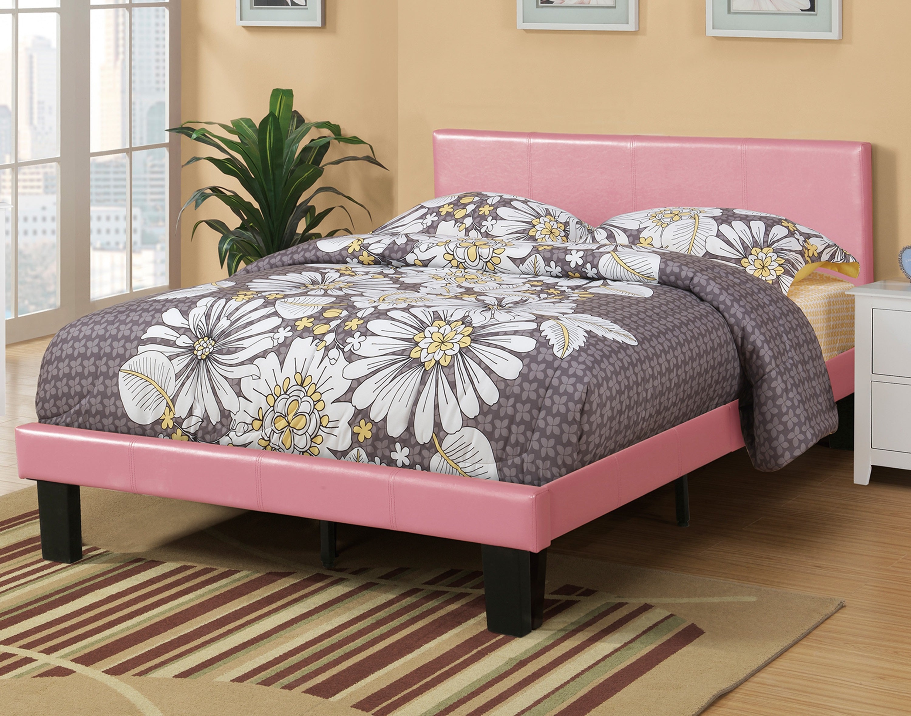 Simple Modern Pink Faux Leather Upholstered Full Size Bed Bedroom Wooden Slats 1pc Platform Bedframe