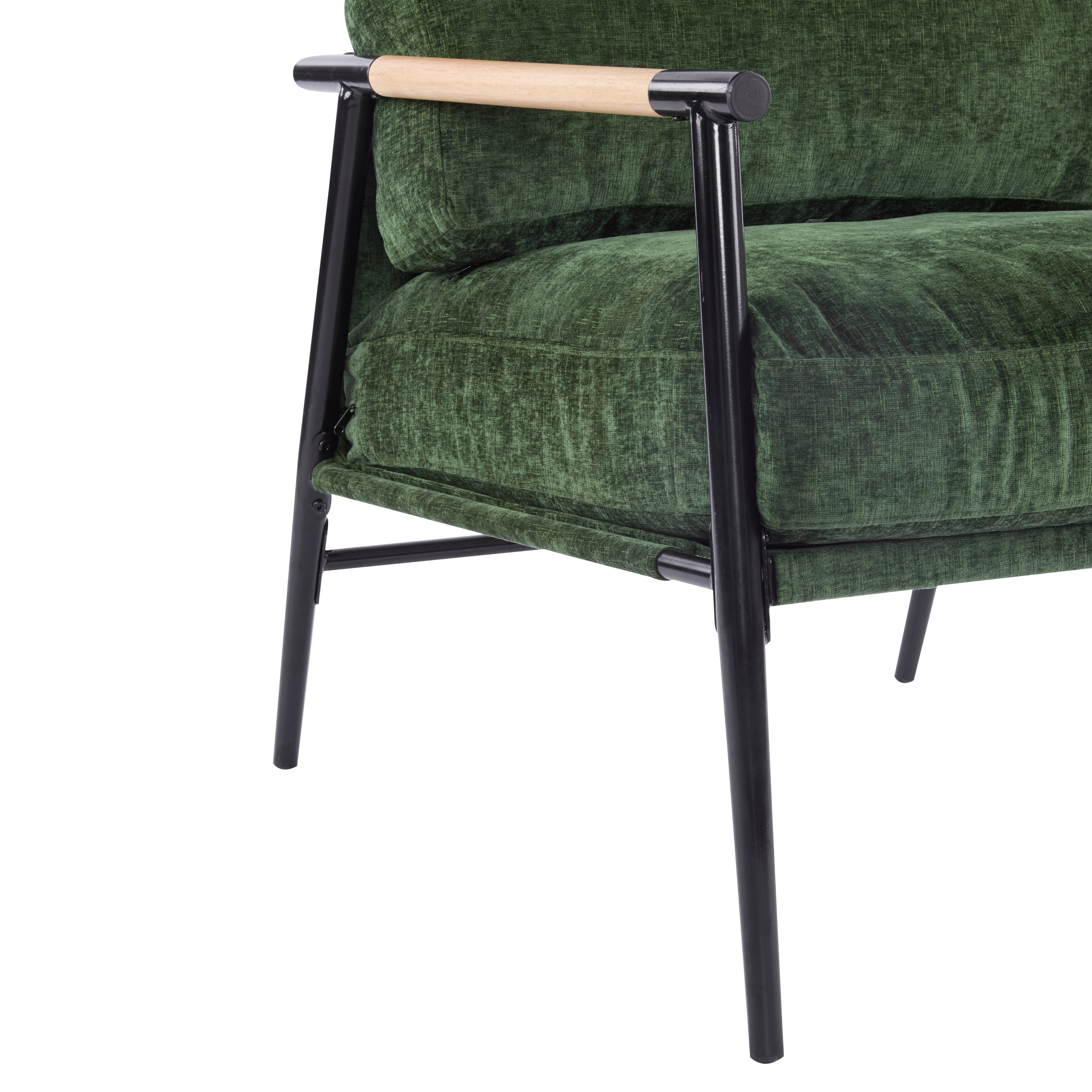 27.56" Modern Accent Chair with Plush Cushions, Minimalist Metal Frame, and Wooden Armrest Design – Perfect for Cozy Living Room, Bedroom, or Office Seating