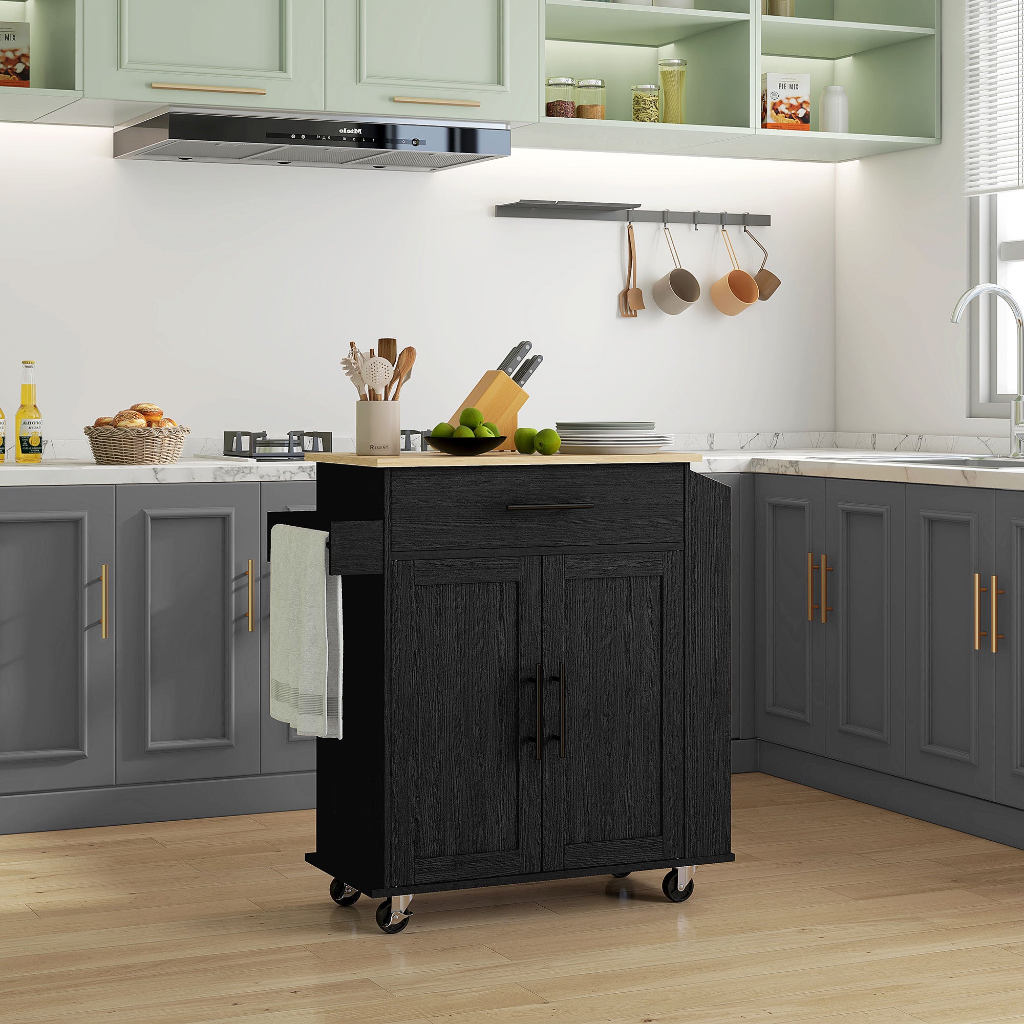 HOMCOM Rolling Island with Wheels for Kitchen, Kitchen Island on Rollers with Power Outlets, Drawer, and Doors, Black