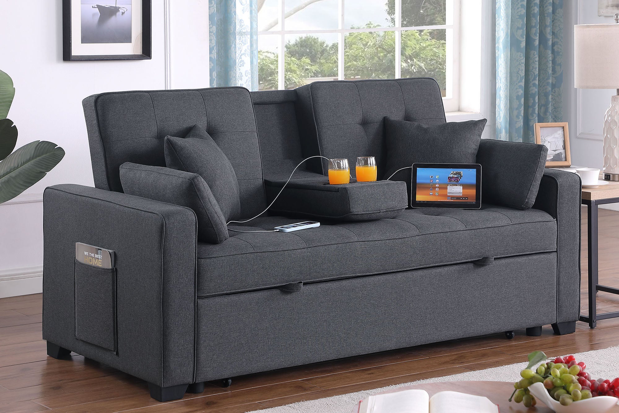 Cody II 70"W Dark Gray Linen Convertible Sleeper Loveseat with Dropdown Console, Cup Holders, Charging Ports, Pocket, and Pocket Coil Seating