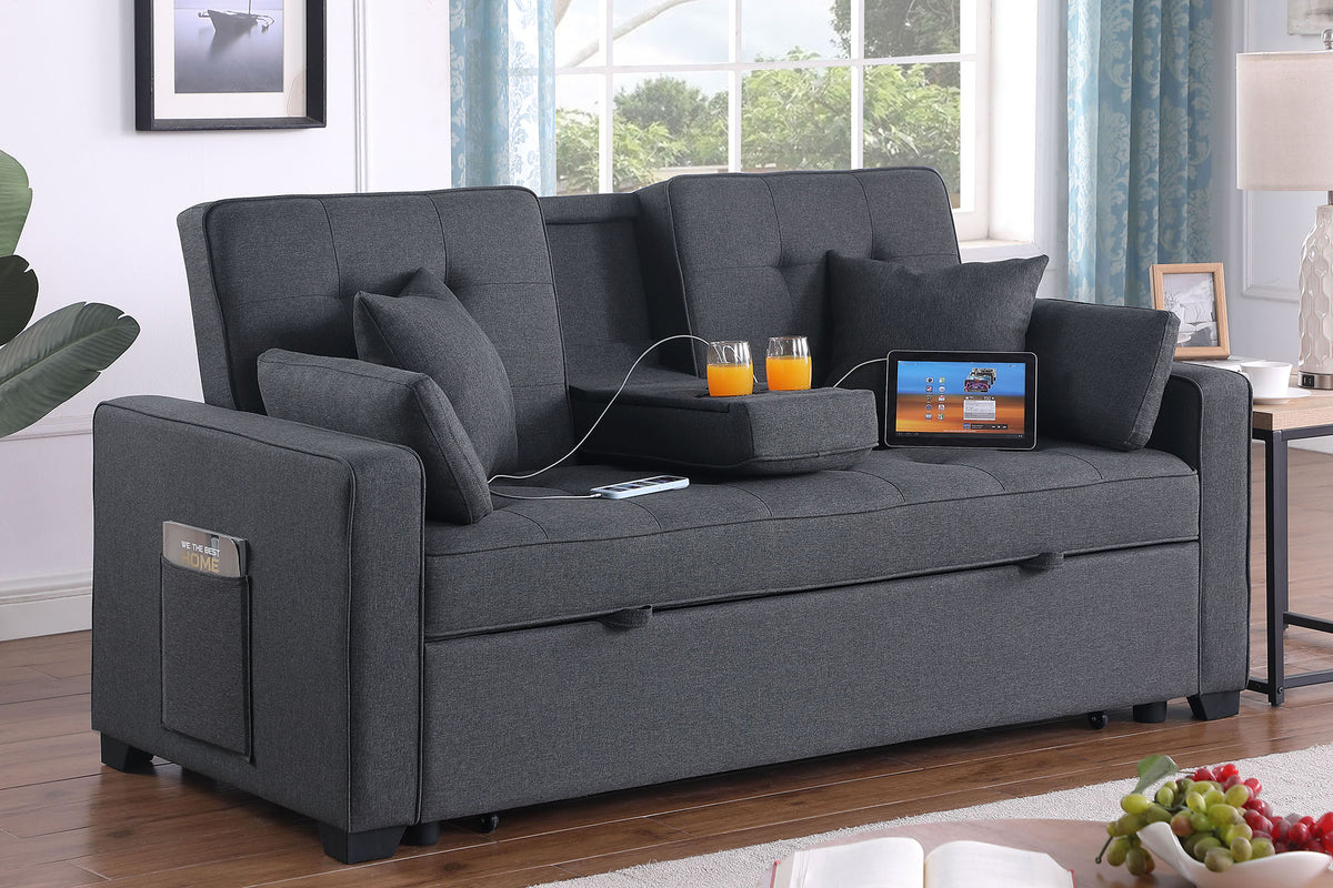 Cody II 70"W Dark Gray Linen Convertible Sleeper Loveseat with Dropdown Console, Cup Holders, Charging Ports, Pocket, and Pocket Coil Seating