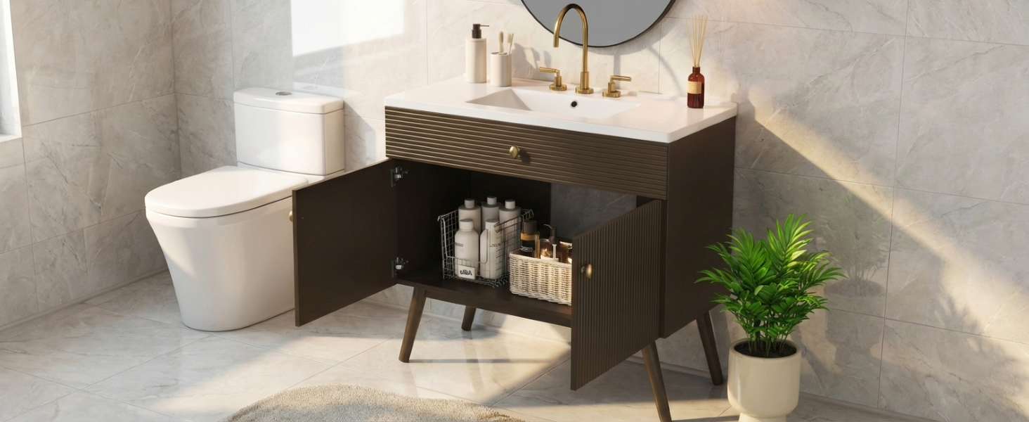 36" Luxury Striped Dark Brown Vanity: Soft-Close Dual-Door Storage & Premium Ceramic Sink