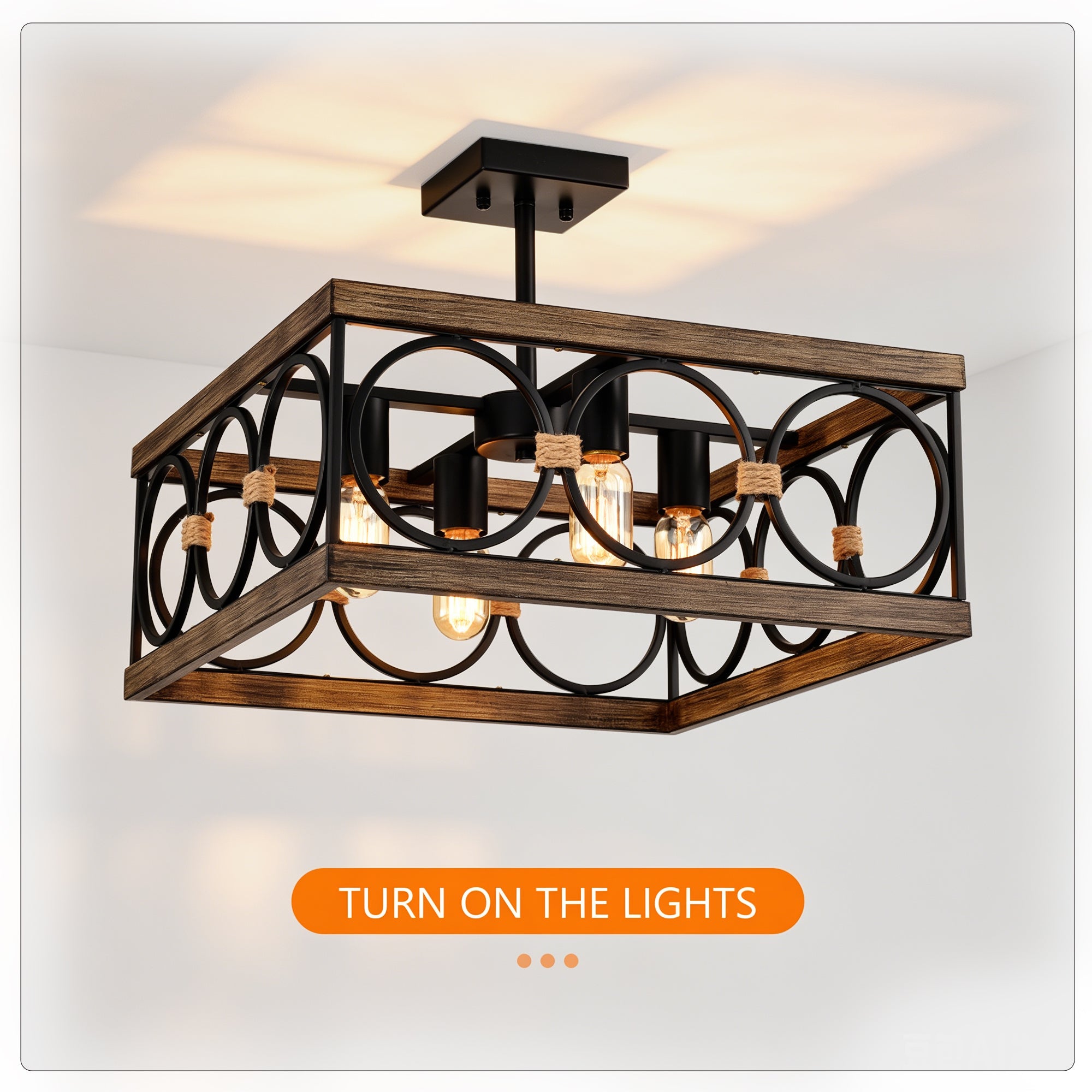 4-Light Square Kitchen Island Lights Ceiling Light Farmhouse Dining Room Light Fixture, Wood and Black Metal Rectangular Ceiling Light, Ceiling Lighting for Living Room,Conference Room, Home Office