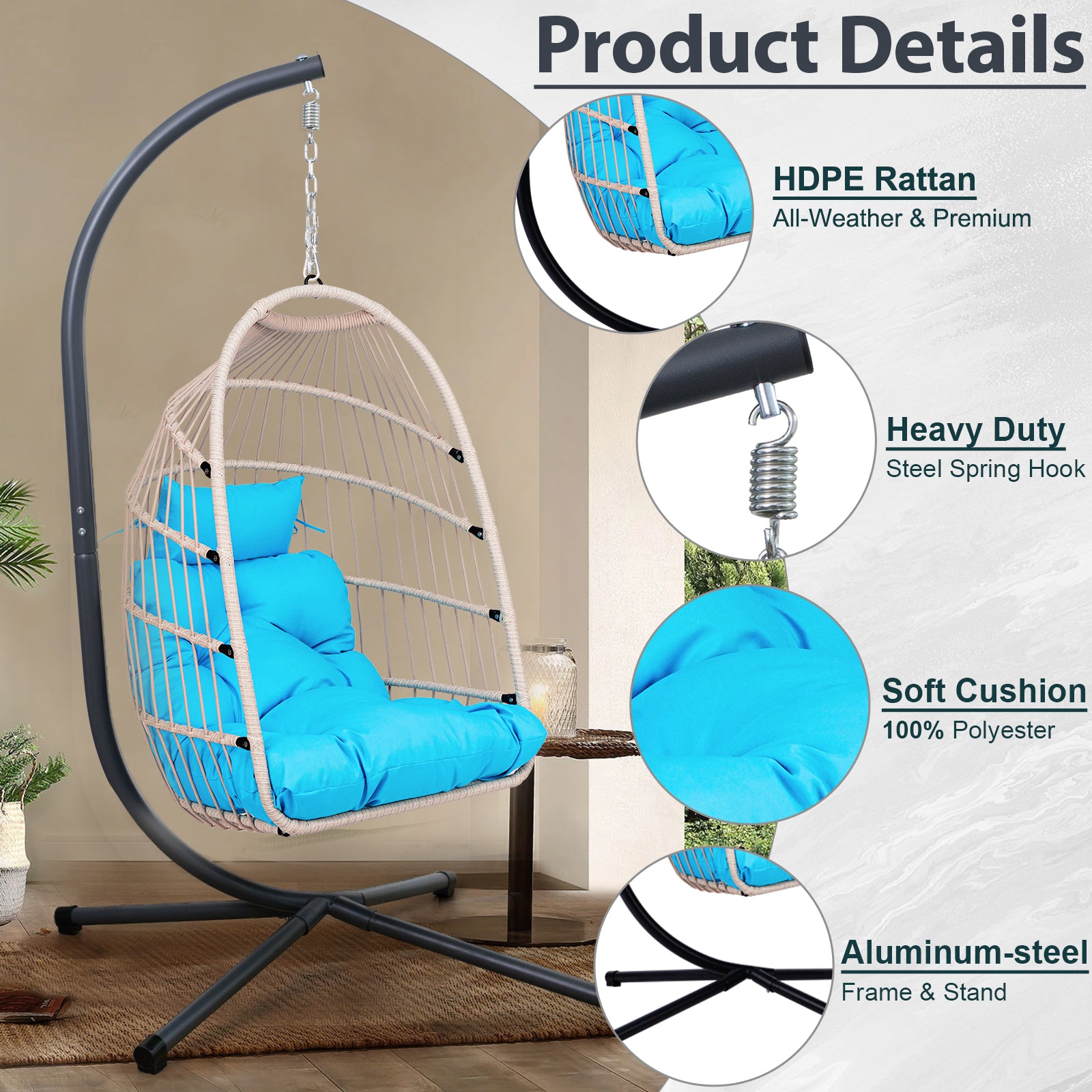 Foldable Hanging Egg Chair with Stand and Pillow, HDPE Rattan and Heavy Duty Aluminum-Steel Frame, Outdoor Patio Wicker Swing Egg Chair with Headrest and Cushioned, 350 Lbs Capacity (Blue)