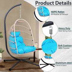 Foldable Hanging Egg Chair with Stand and Pillow, HDPE Rattan and Heavy Duty Aluminum-Steel Frame, Outdoor Patio Wicker Swing Egg Chair with Headrest and Cushioned, 350 Lbs Capacity (Blue)