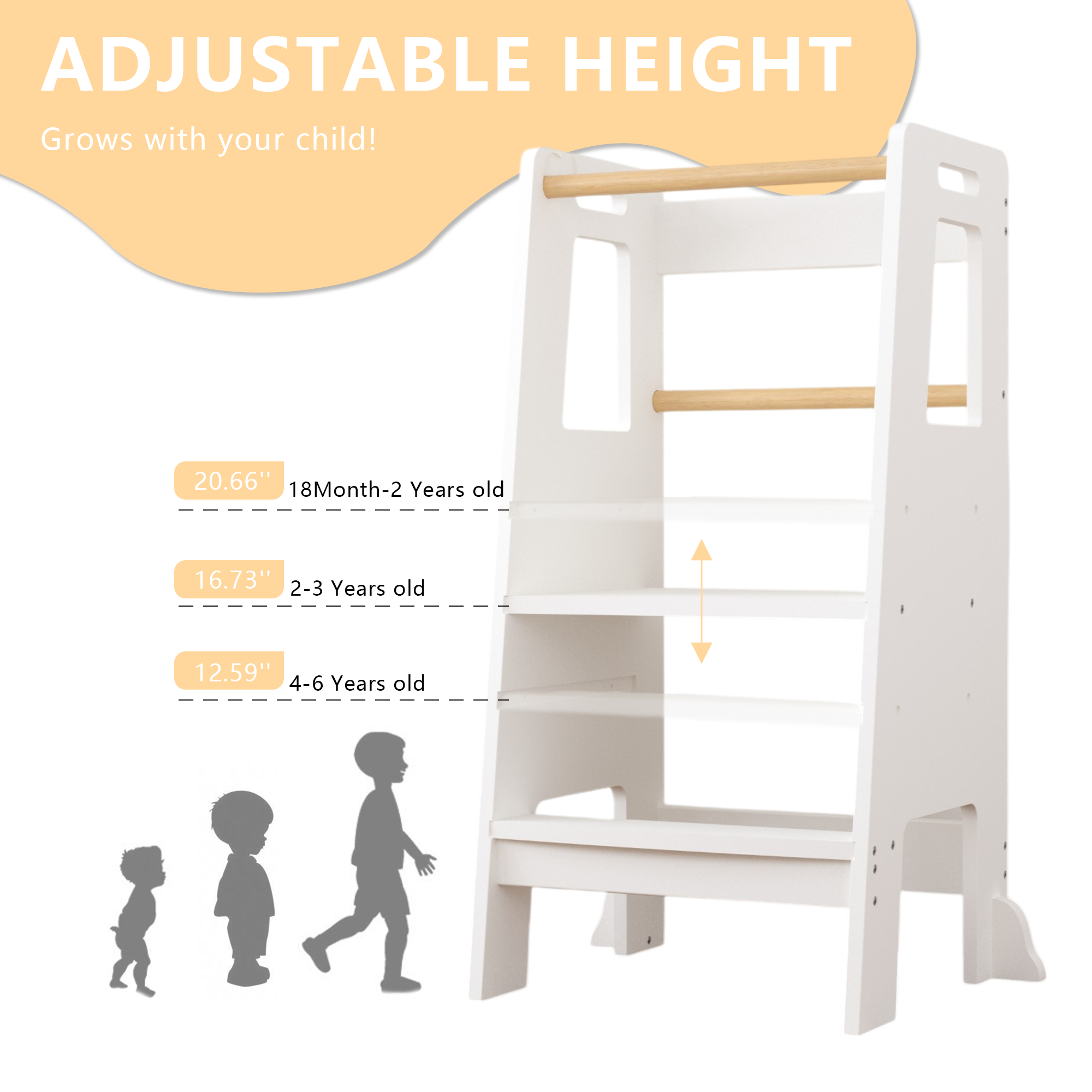 Kids Standing Tower, Child Kitchen Step Stool Toddler Wood Stepping Stool - Children's Montessori Stool - Adjustable Height, Ideal Kids Kitchen Step Stool for Learning New Skills, White