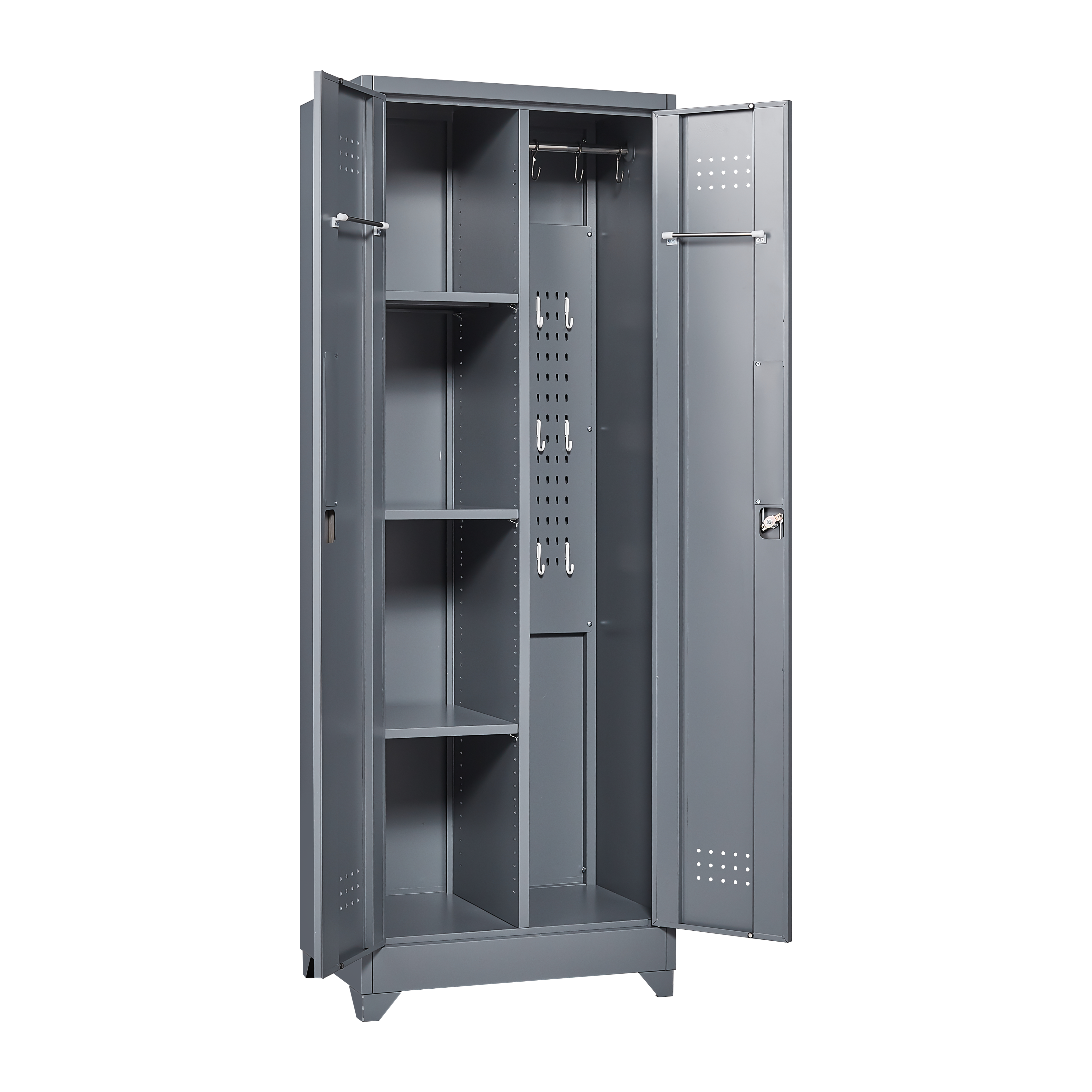 Broom Storage Cabinet With Locking Doors And Shelves, 65" H Metal Storage Cabinet With Hanging Rod & S-Hooks, Cleaning Tool Storage Cabinet Grey