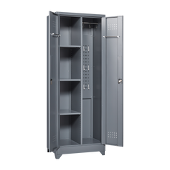 Broom Storage Cabinet With Locking Doors And Shelves, 65" H Metal Storage Cabinet With Hanging Rod & S-Hooks, Cleaning Tool Storage Cabinet Grey
