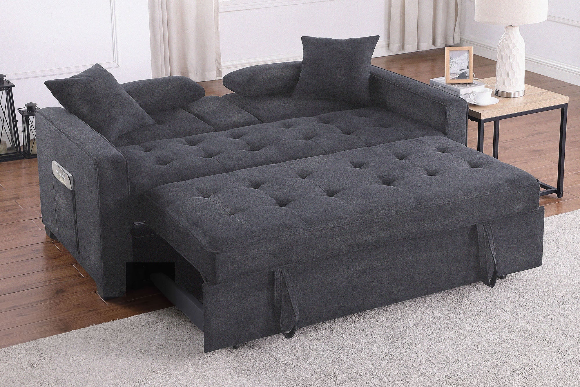 Cody II 70"W Dark Gray Linen Convertible Sleeper Loveseat with Dropdown Console, Cup Holders, Charging Ports, Pocket, and Pocket Coil Seating