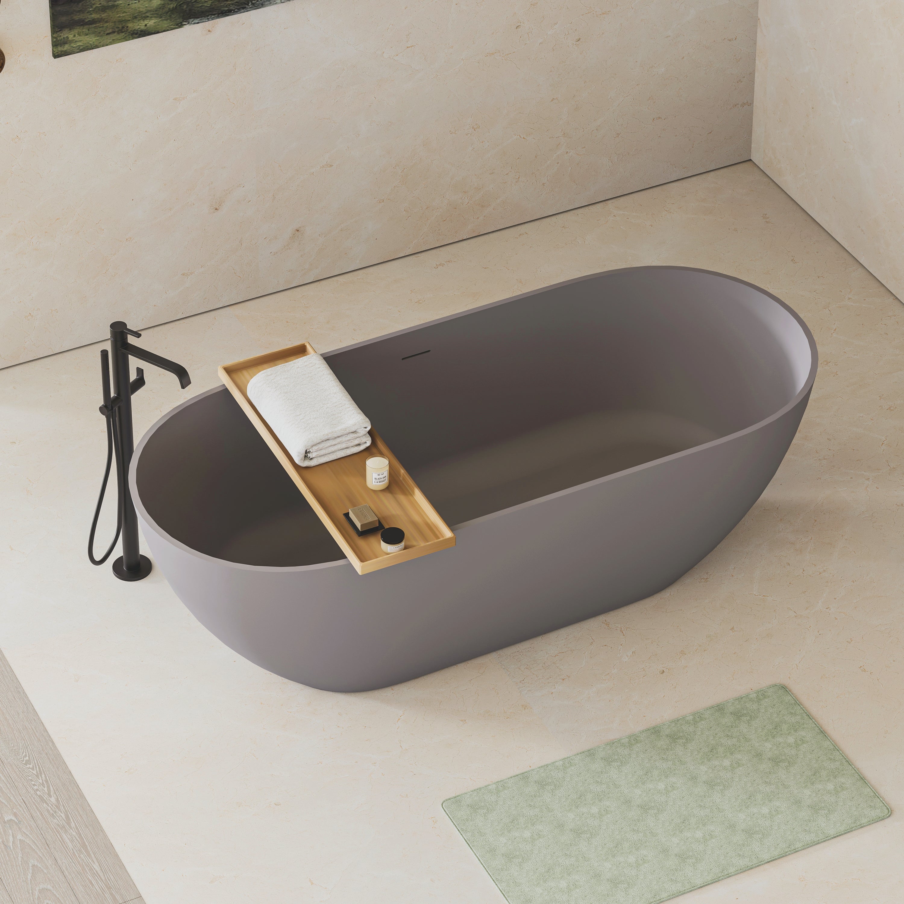 59" Luxury Engineered Solid Surface Bathtub, Stone Resin Freestanding Soaking Bathtub with Overflow and Pop-up Drain for Contemporary Bathroom, Matte Grey 24S03-59MG