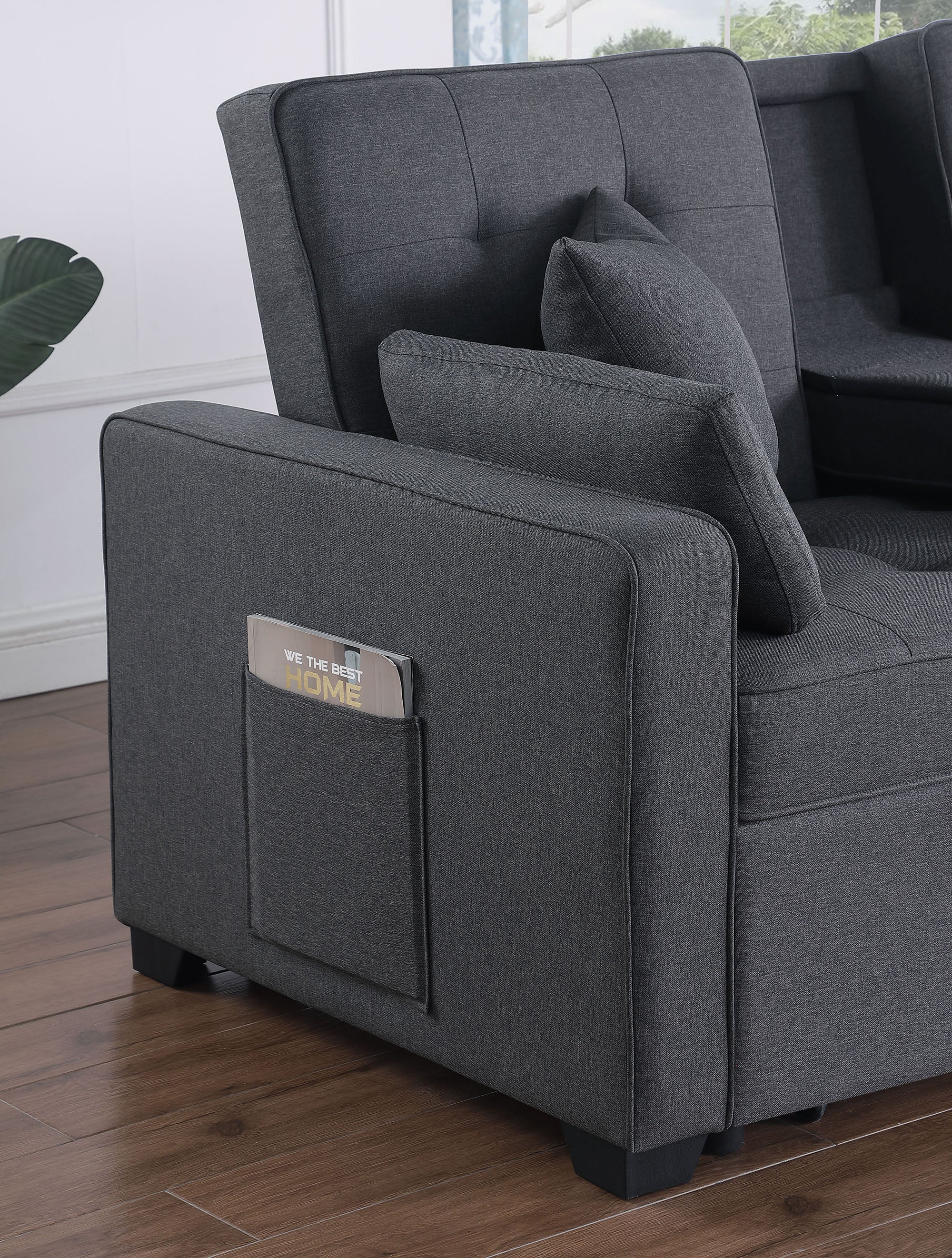 Cody II 70"W Dark Gray Linen Convertible Sleeper Loveseat with Dropdown Console, Cup Holders, Charging Ports, Pocket, and Pocket Coil Seating