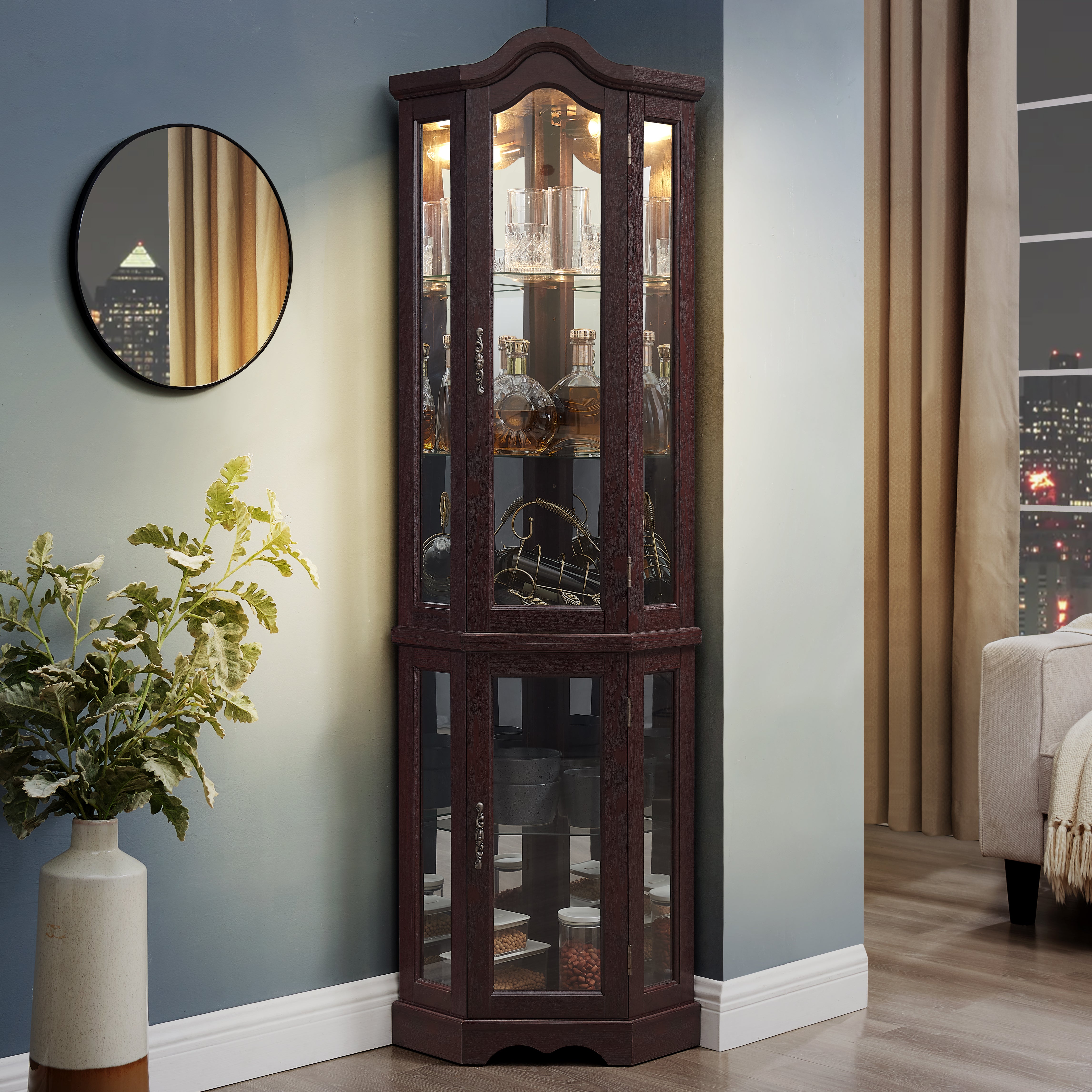 Lighted Corner Curio Cabinet with Tempered Glass Doors & Shelves - Elegant Oak Display Storage for Living Room & Bedroom Decor-DARK CHERRY