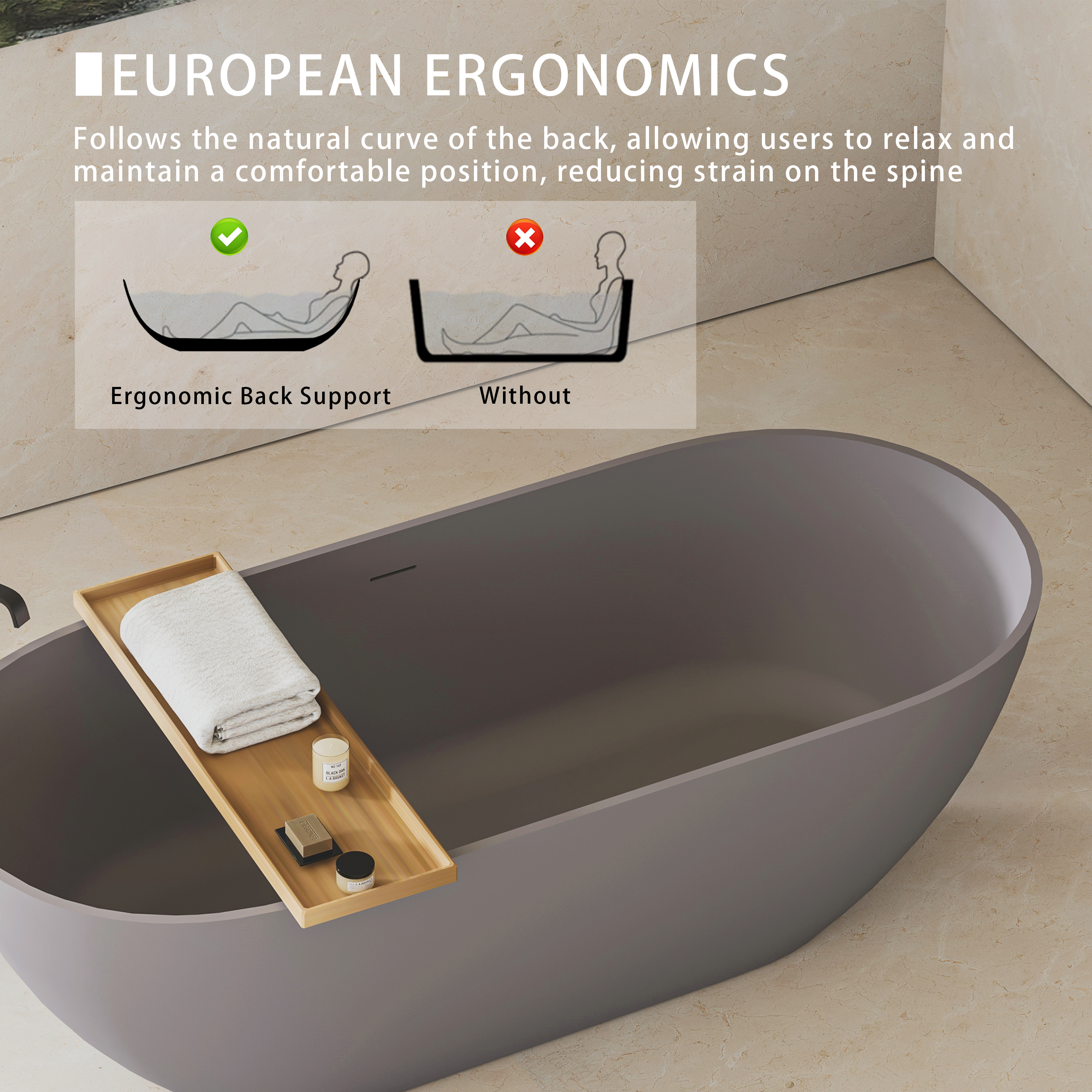 59" Luxury Engineered Solid Surface Bathtub, Stone Resin Freestanding Soaking Bathtub with Overflow and Pop-up Drain for Contemporary Bathroom, Matte Grey 24S03-59MG