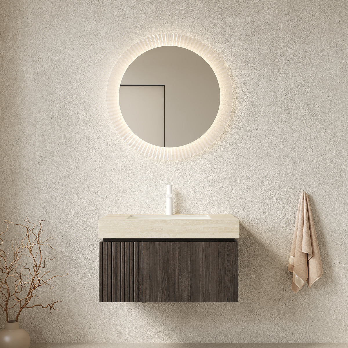 MURI 30" Bathroom Vanity&Sink, Floating Plywood Storage Cabinet with Drawer&Door, Roma Travertine Sintered Stone Top&Ceramic Basin with 1 Pre-drilled Faucet Hole, Pre-assembled, Espresso Woodgrain