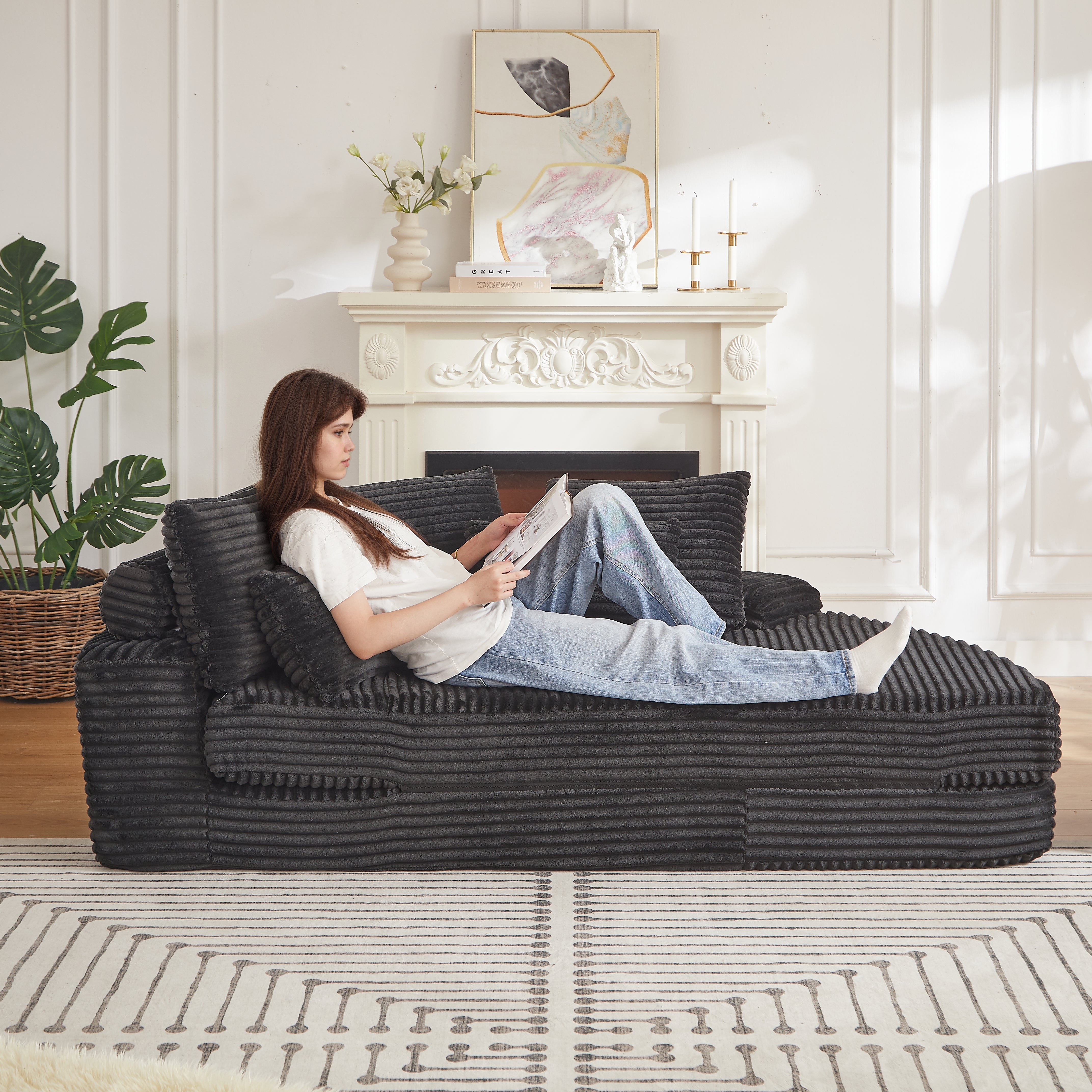 78.5-Inch Corduroy Semi-Circular 2-in-1 Sofa Bed, Designer Recliner with Neck Pillow and Five Throw Pillows in Living Room